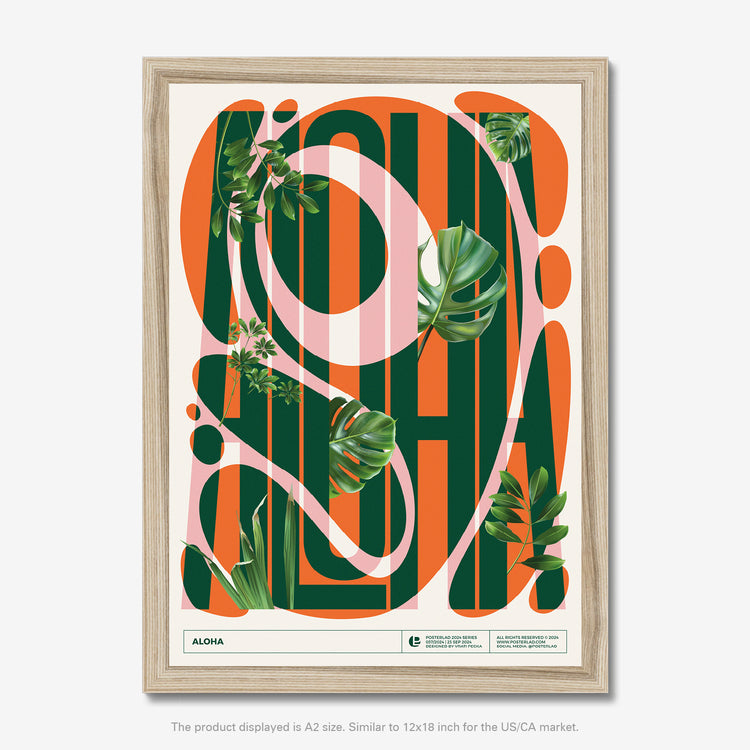 Aloha poster with stylized round letters and realistic tropical leaves