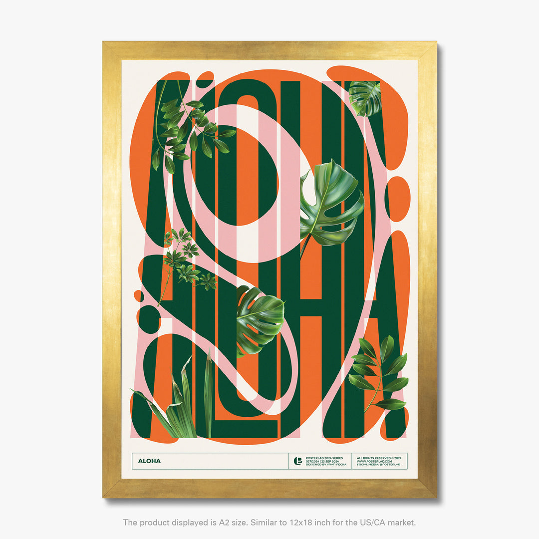 Aloha poster with bold green uppercase text on orange background
