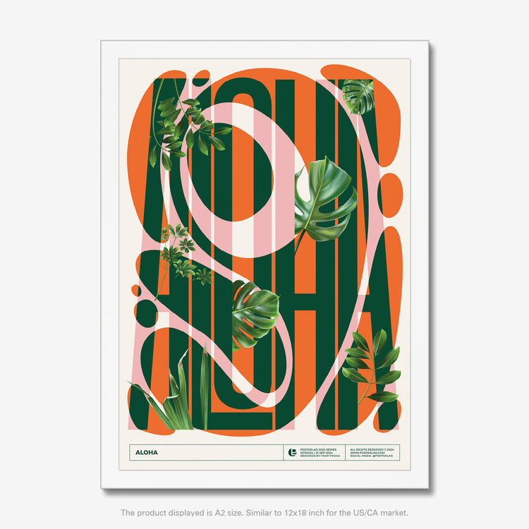 Large green monstera and palm fronds intertwining with ALOHA text