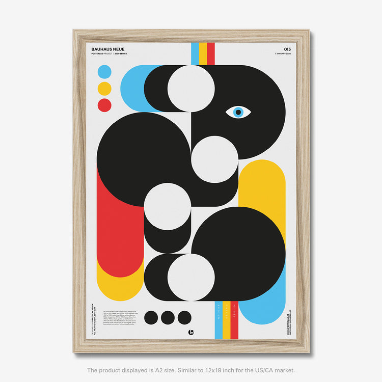 Large black curved forms interspersed with white circles of varying sizes, accented by bold blocks of primary colors