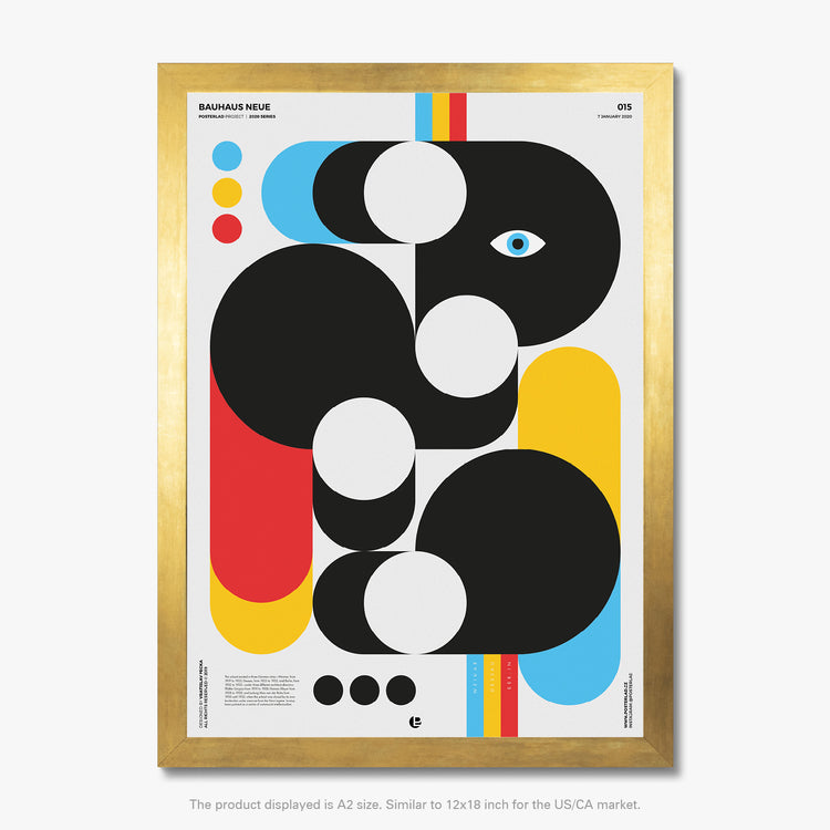 Bauhaus Neue poster featuring playful arrangement of geometric shapes on a light gray background