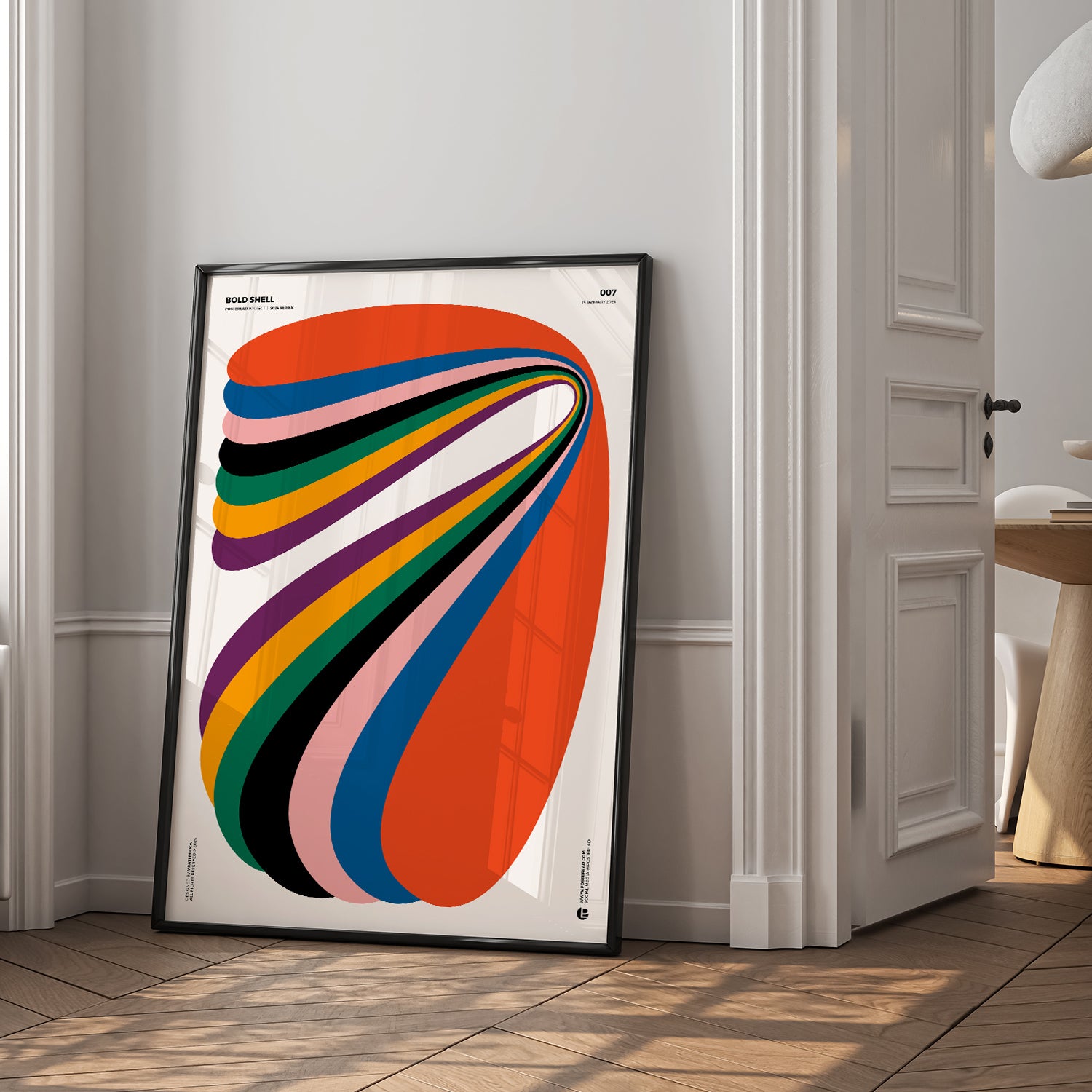 Vibrant orange seashell-shaped abstract poster with colorful curved bands radiating outward