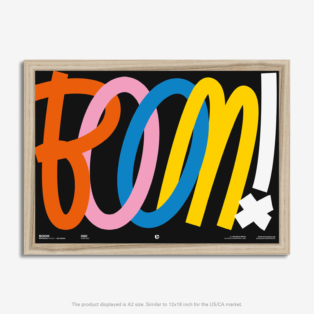  Boom poster with dynamic, almost three-dimensional effect against the dark background, sure to brighten any environment in a room or office