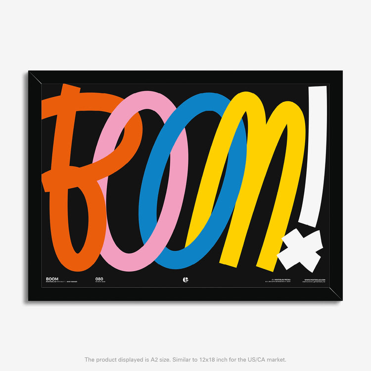  Bold and typographic design of the Boom poster capturing a sense of excitement and impact through its use of color, typography, and composition 
