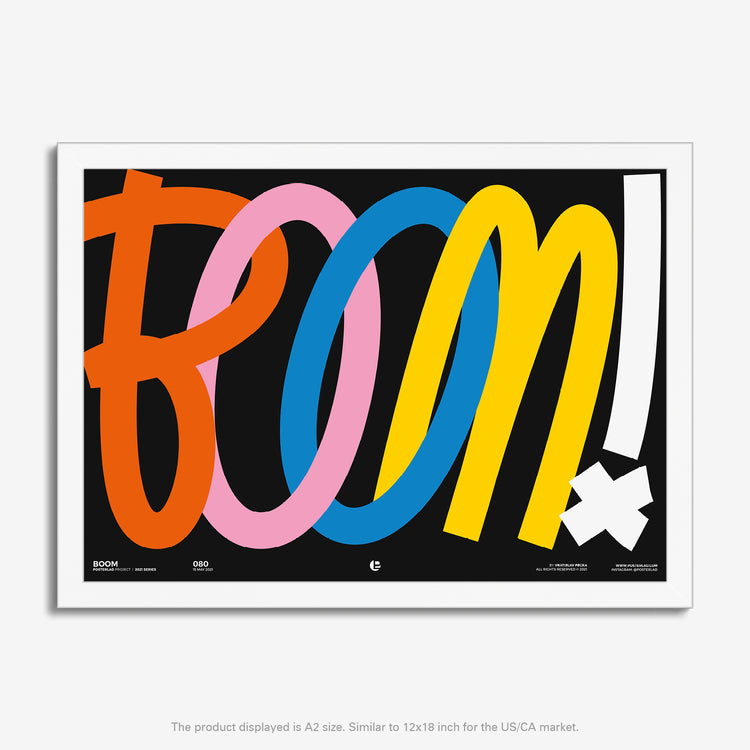  Museum-quality print of the Boom poster on thick and durable matte paper, adding a wonderful accent to any room or office 