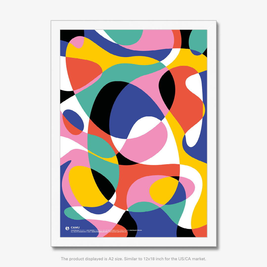 Symphony of colors, including bold blue, yellow, red, pink, green, black, and white