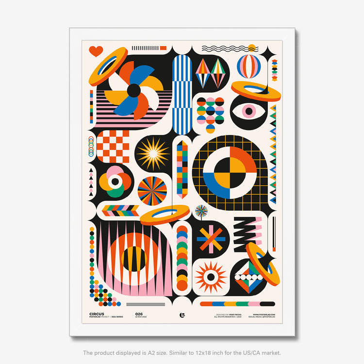 Colorful and vibrant circus-themed product with clowns, acrobats, and animals performing