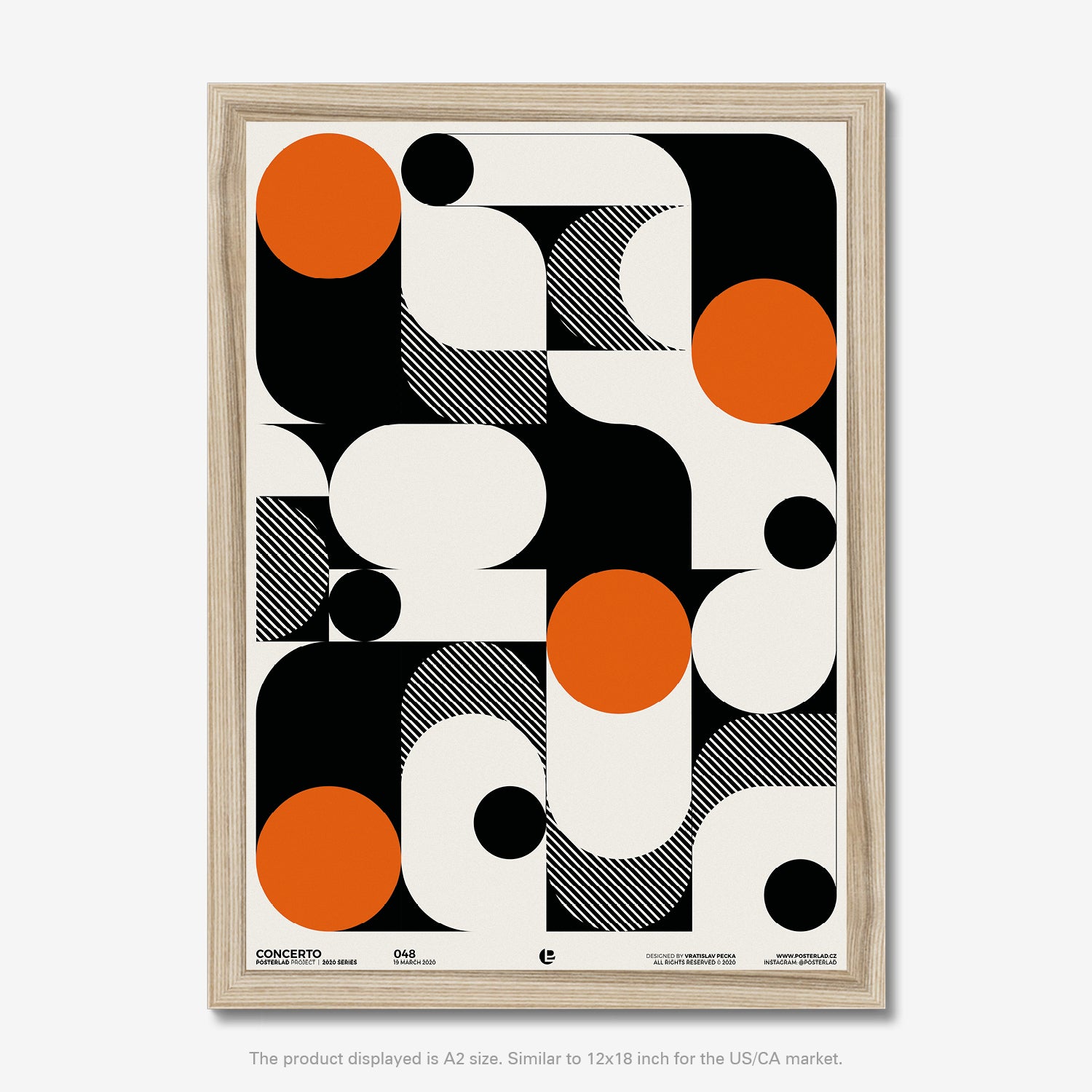 A sophisticated geometric design with abstract black and white shapes and bold orange circles, evoking a sense of harmony and rhythm