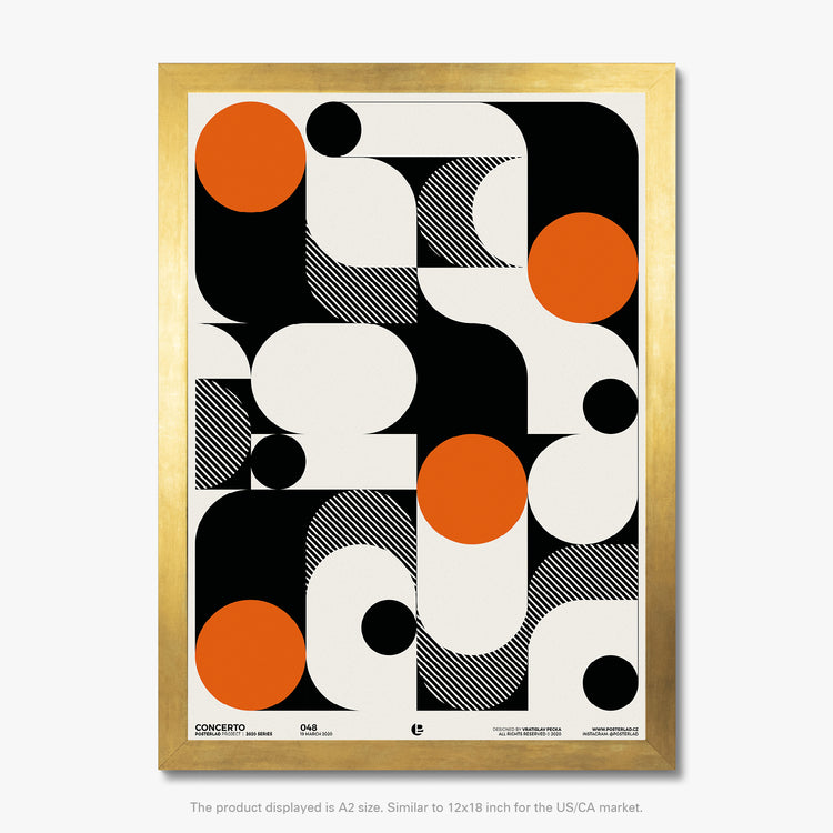  Modern and balanced composition reminiscent of musical notes or abstract instruments, adding vibrant focal points that stand out against the monochromatic elements