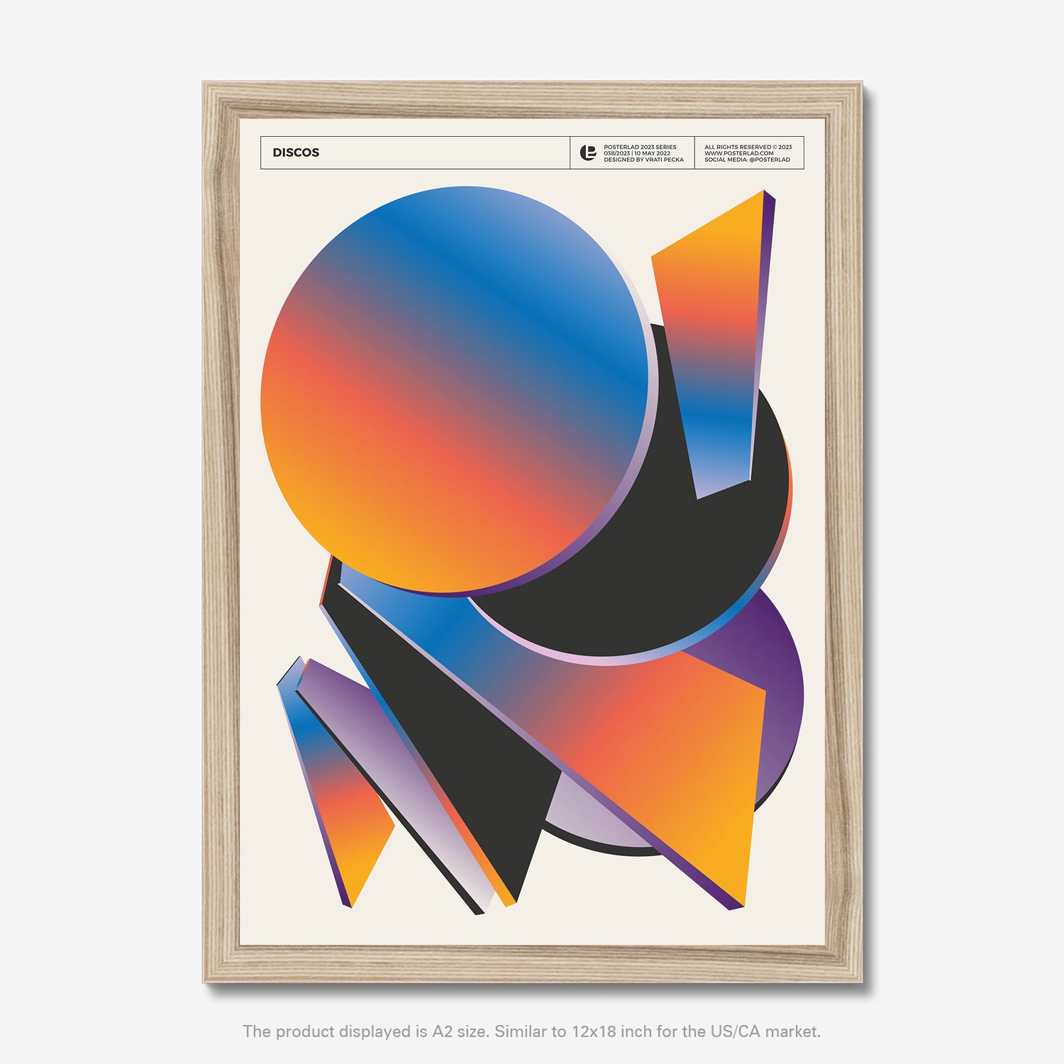 Abstract geometric shapes in vibrant shades of orange, blue, purple, and pink on museum-quality matte paper