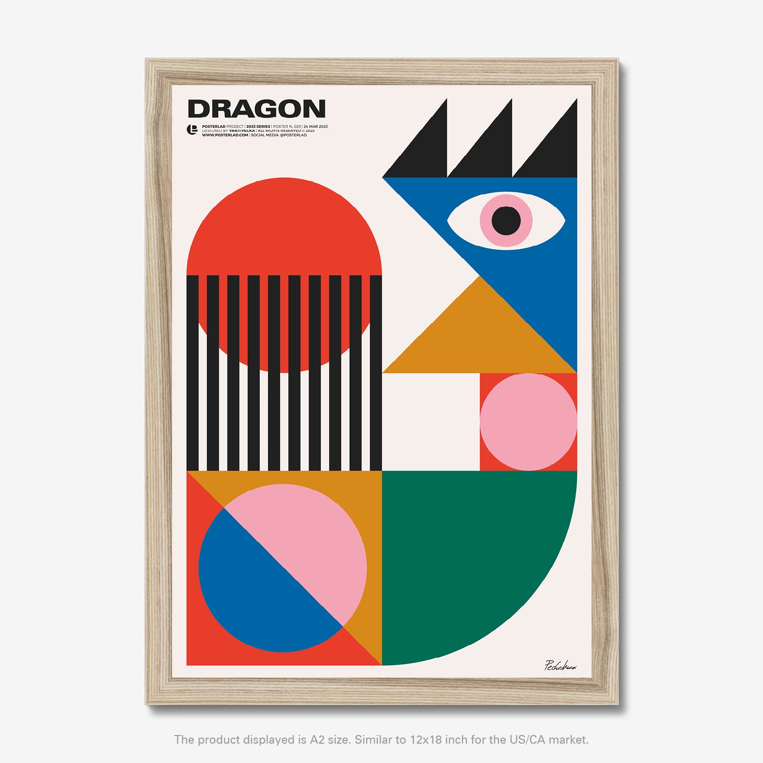 The poster titled Dragon with bold geometric composition in vibrant colors evoking the abstract form of a dragon