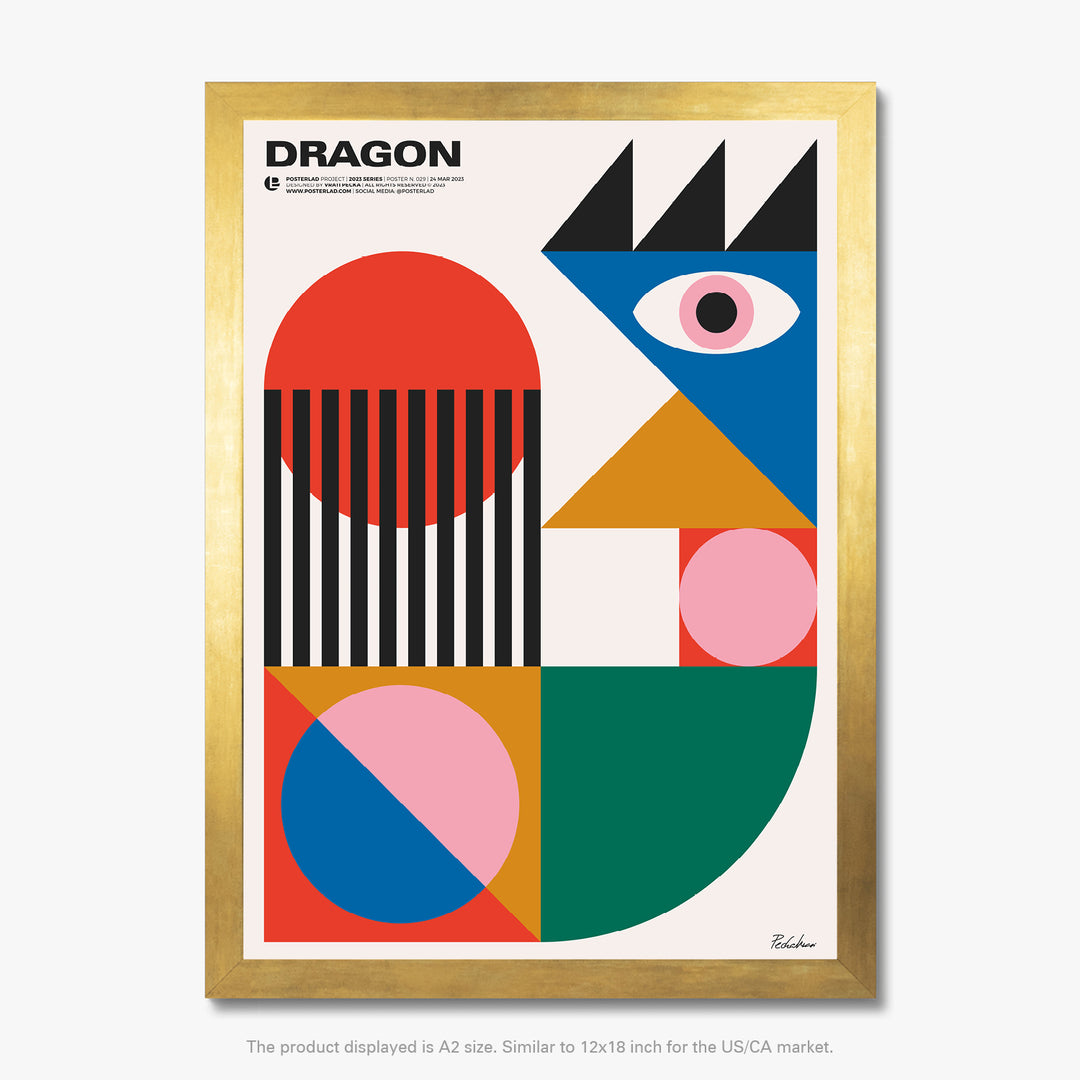 Abstract and imaginative representation of a dragon with structured arrangement of shapes and striking use of color contrast