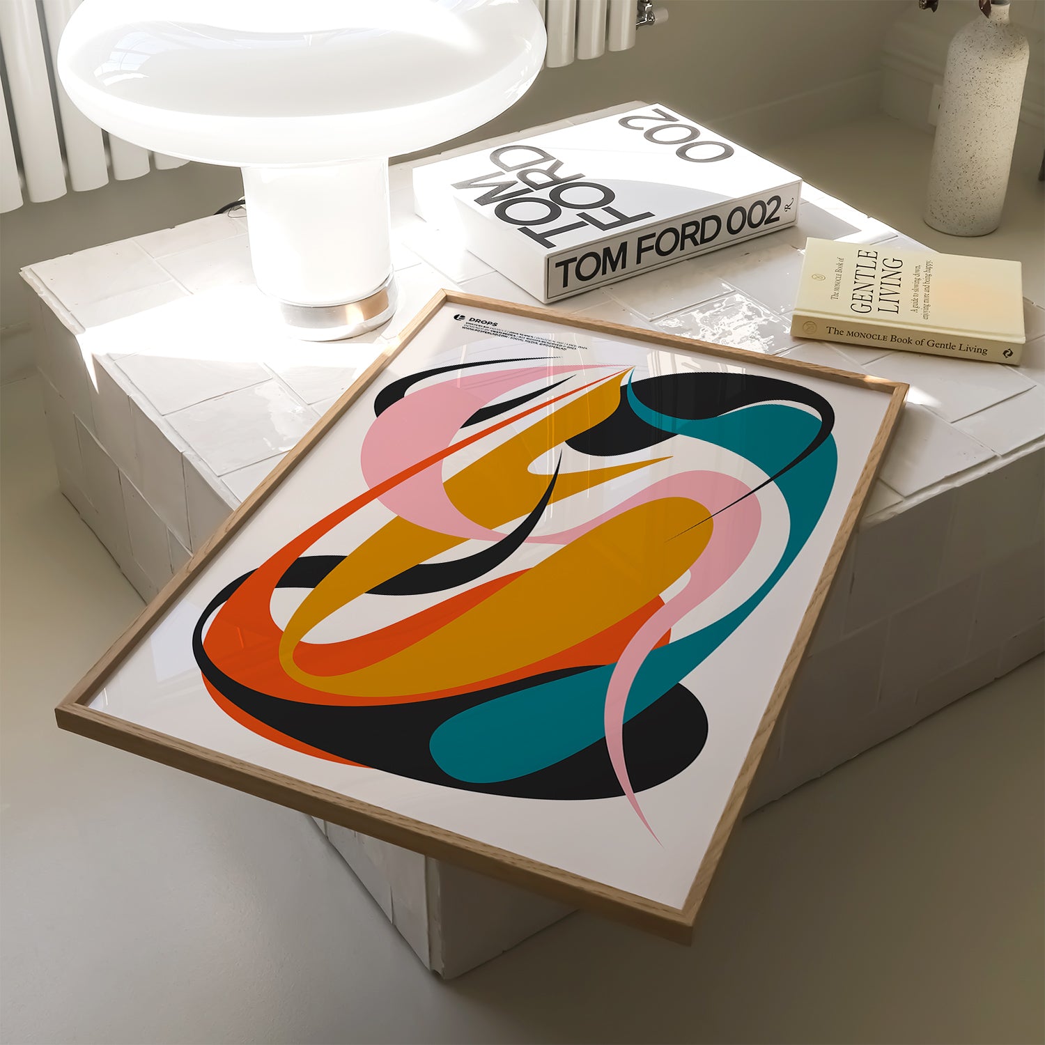 Mesmerizing Drops poster featuring flowing, overlapping droplets in earthy tones and vivid orange, capturing motion and fluidity with dynamic curves and sharp edges to evoke energy and depth