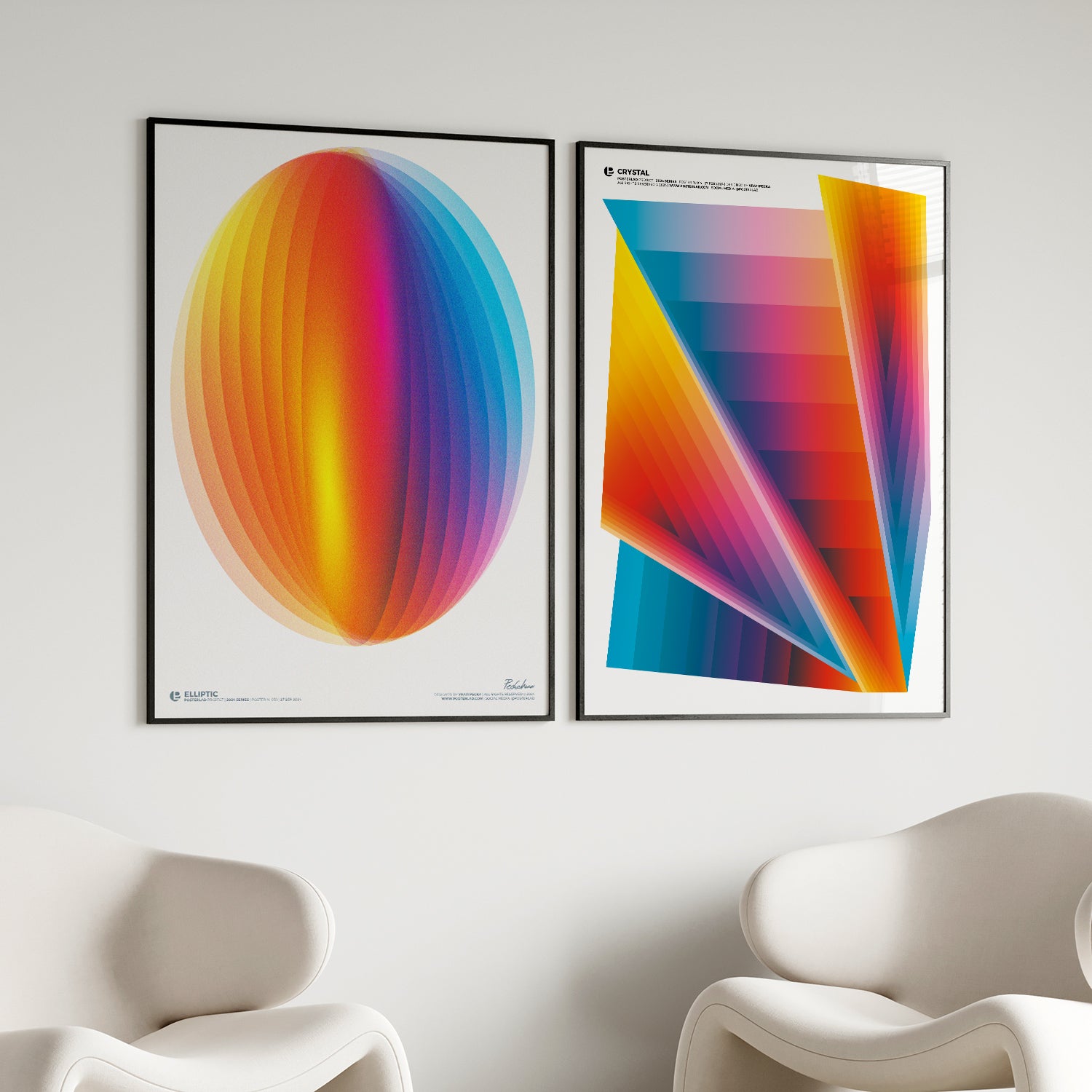 A museum-quality poster featuring a glowing elongated oval with overlapping translucent layers displaying vibrant gradients from warm orange, yellow, and pink center to cool blue and purple edges, creating an ethereal, luminous, and three-dimensional appearance on a white background