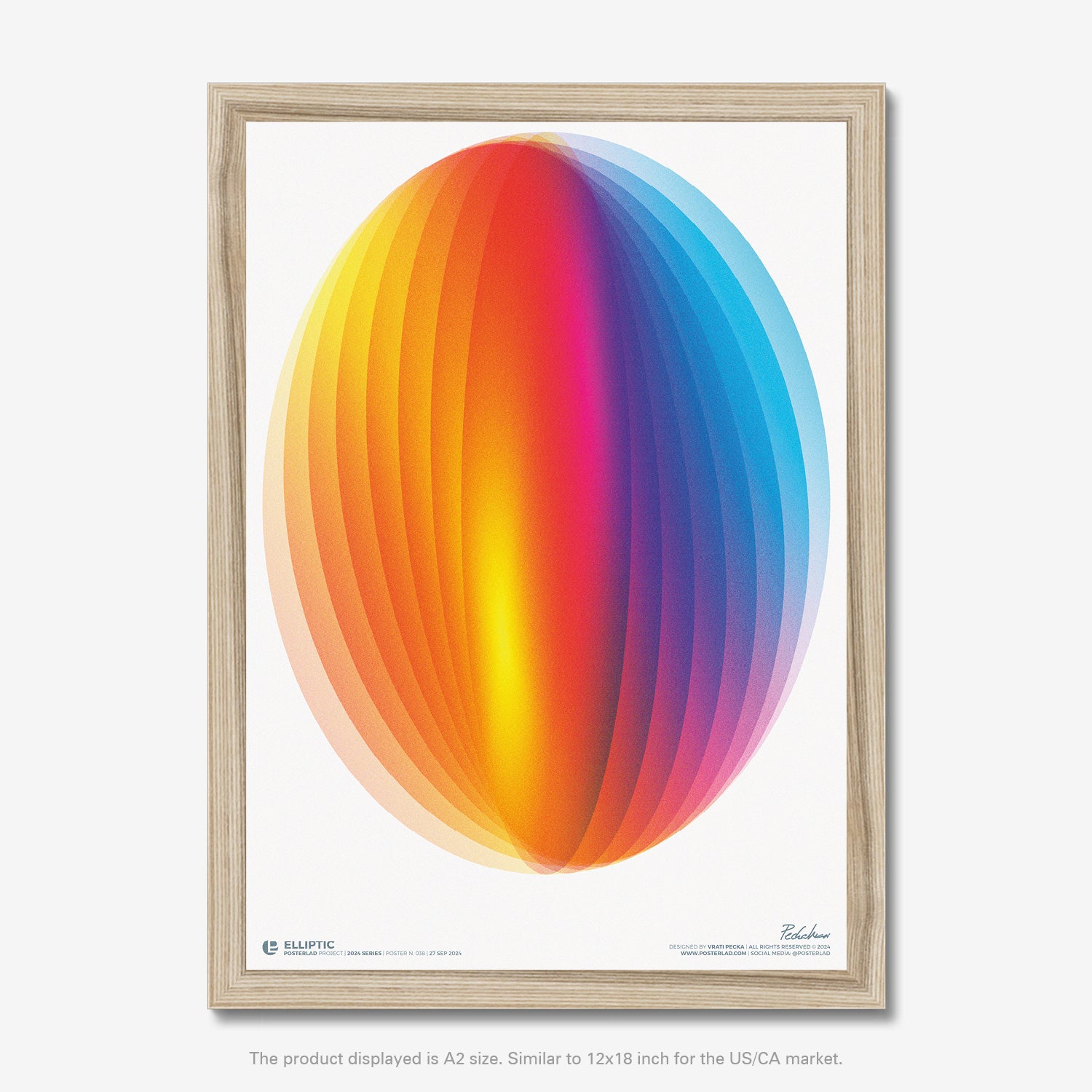 A mesmerizing glowing design of an elongated oval shape formed by overlapping translucent layers in warm hues like orange, yellow, and pink transitioning to cooler blues and purples toward the edges