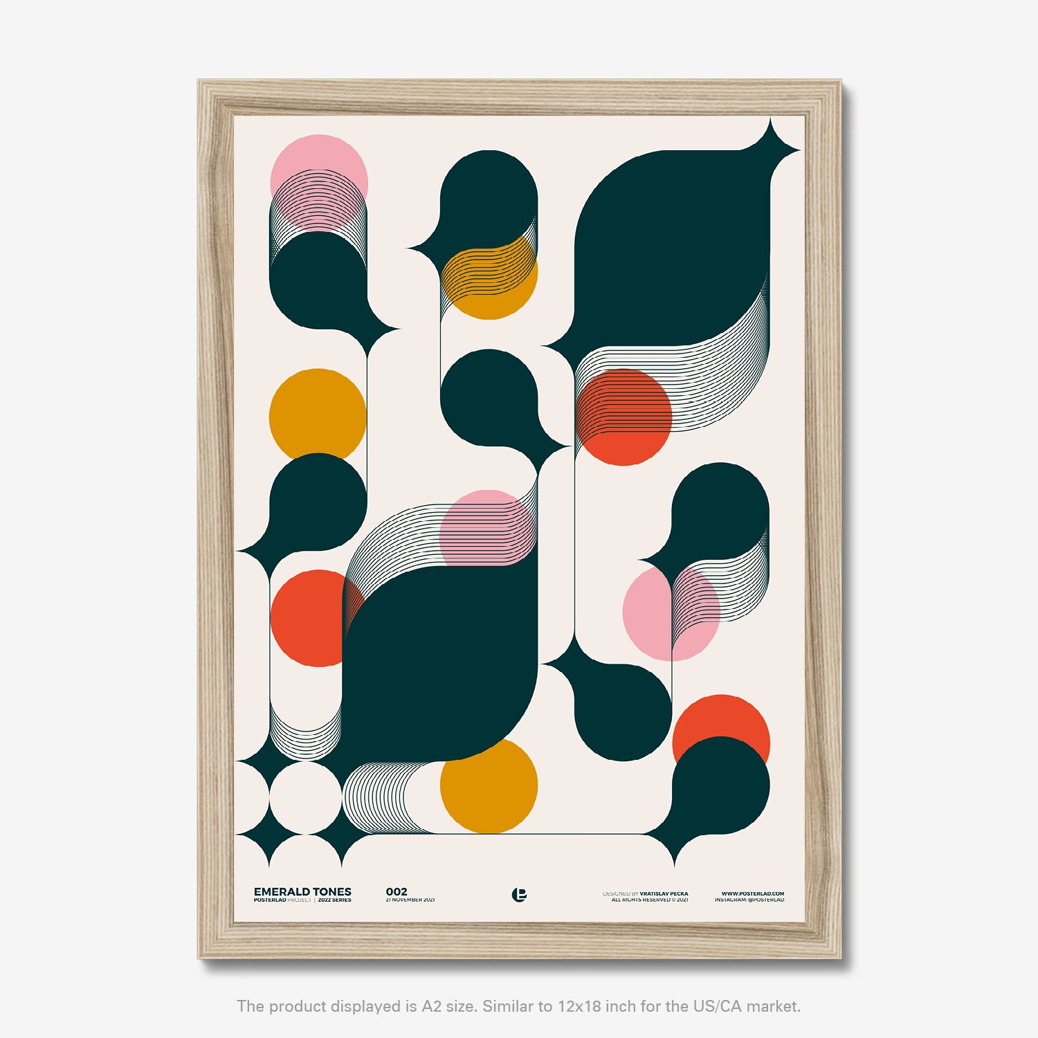 Emerald Tones poster with deep green organic shapes and vibrant circles