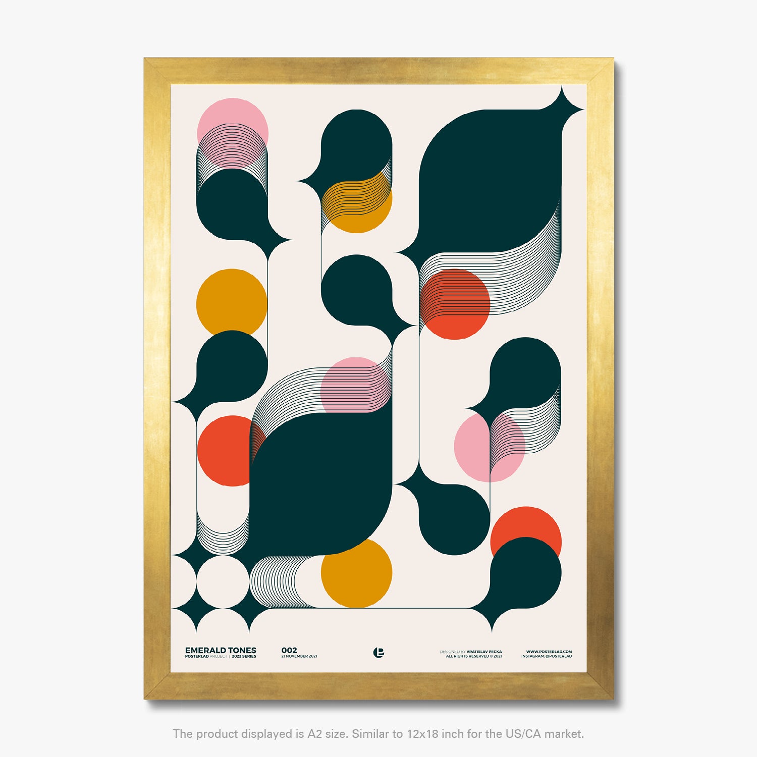 Sophisticated interplay of deep green shapes and vibrant circles