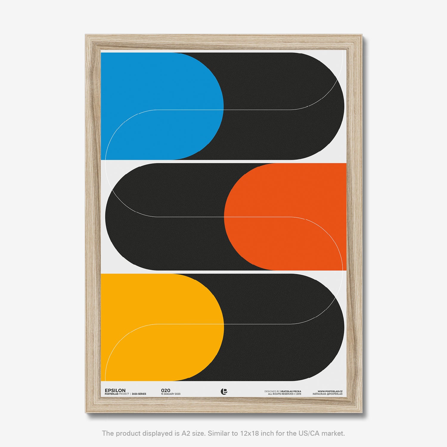 Epsilon poster featuring bold geometric shapes and vibrant colors on black backdrop