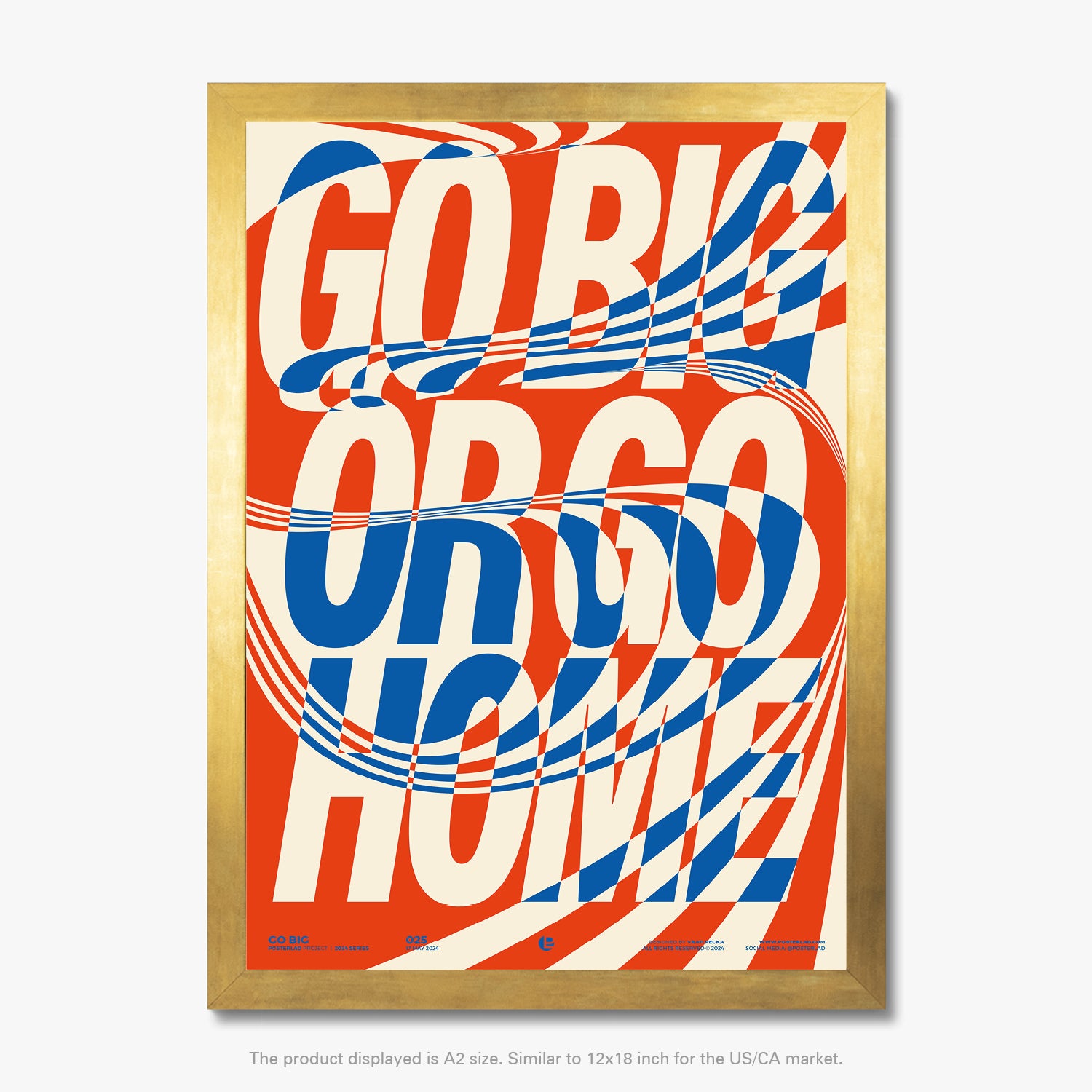 A high-contrast design poster with powerful typography in striking red and blue hues, adding visual depth and excitement to any space