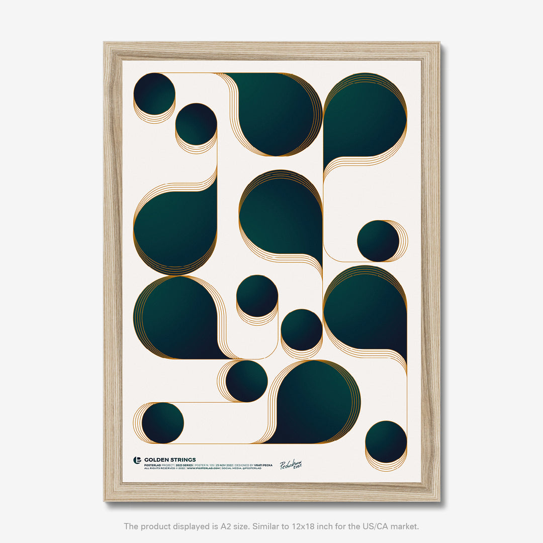 Golden Strings minimalistic yet dynamic dark teal poster with luminous golden lines