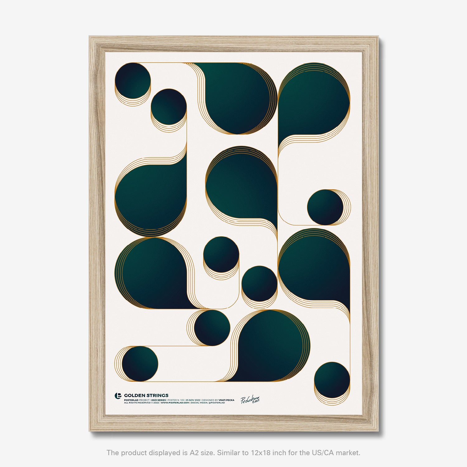 Golden Strings minimalistic yet dynamic dark teal poster with luminous golden lines