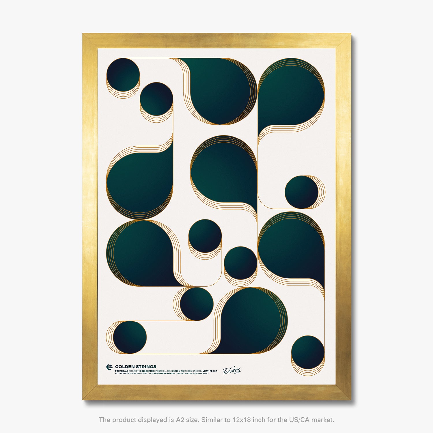 Elegant and sophisticated Golden Strings poster with fluid shapes and luxurious golden accents