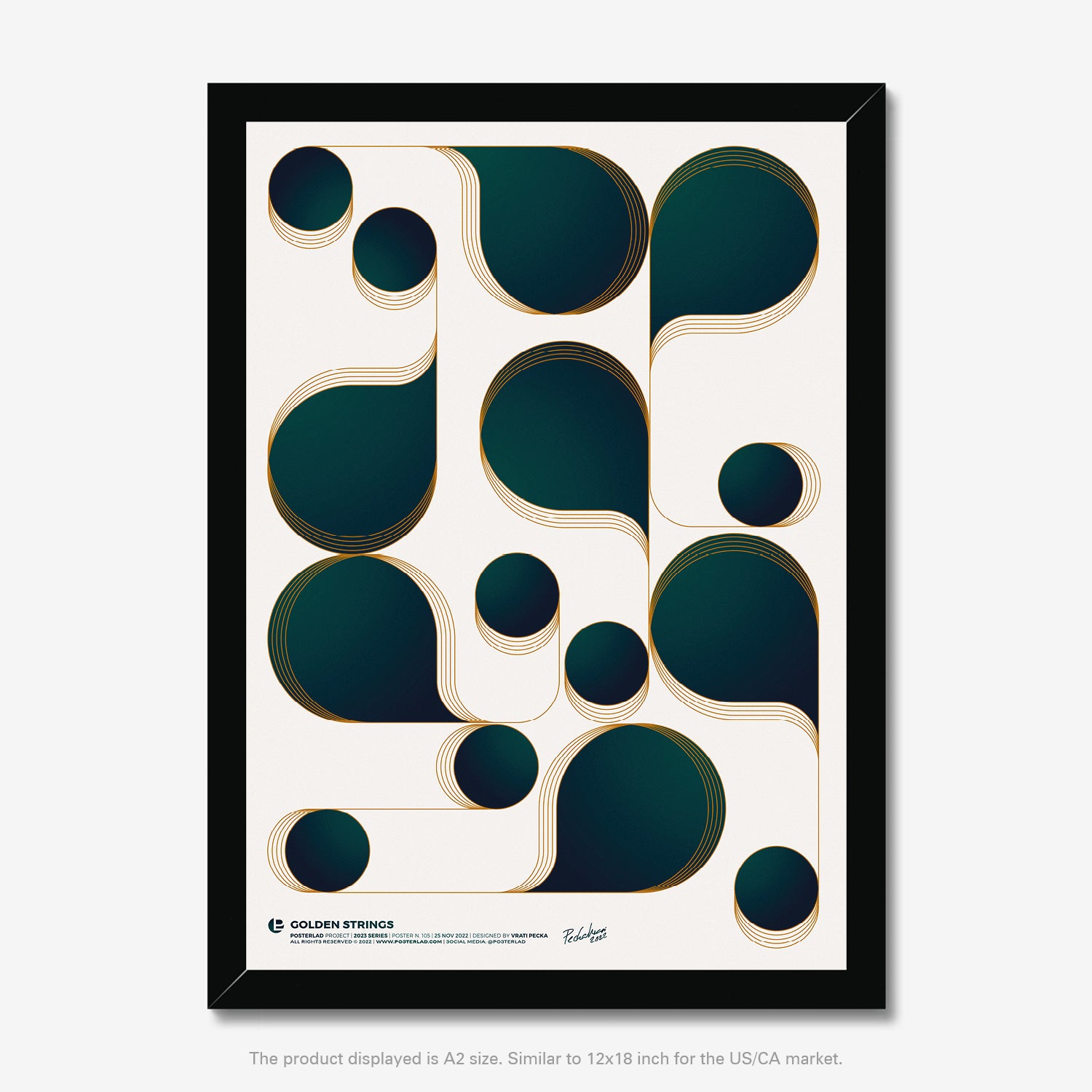 Minimalistic Golden Strings poster exuding elegance and sophistication, framed not included