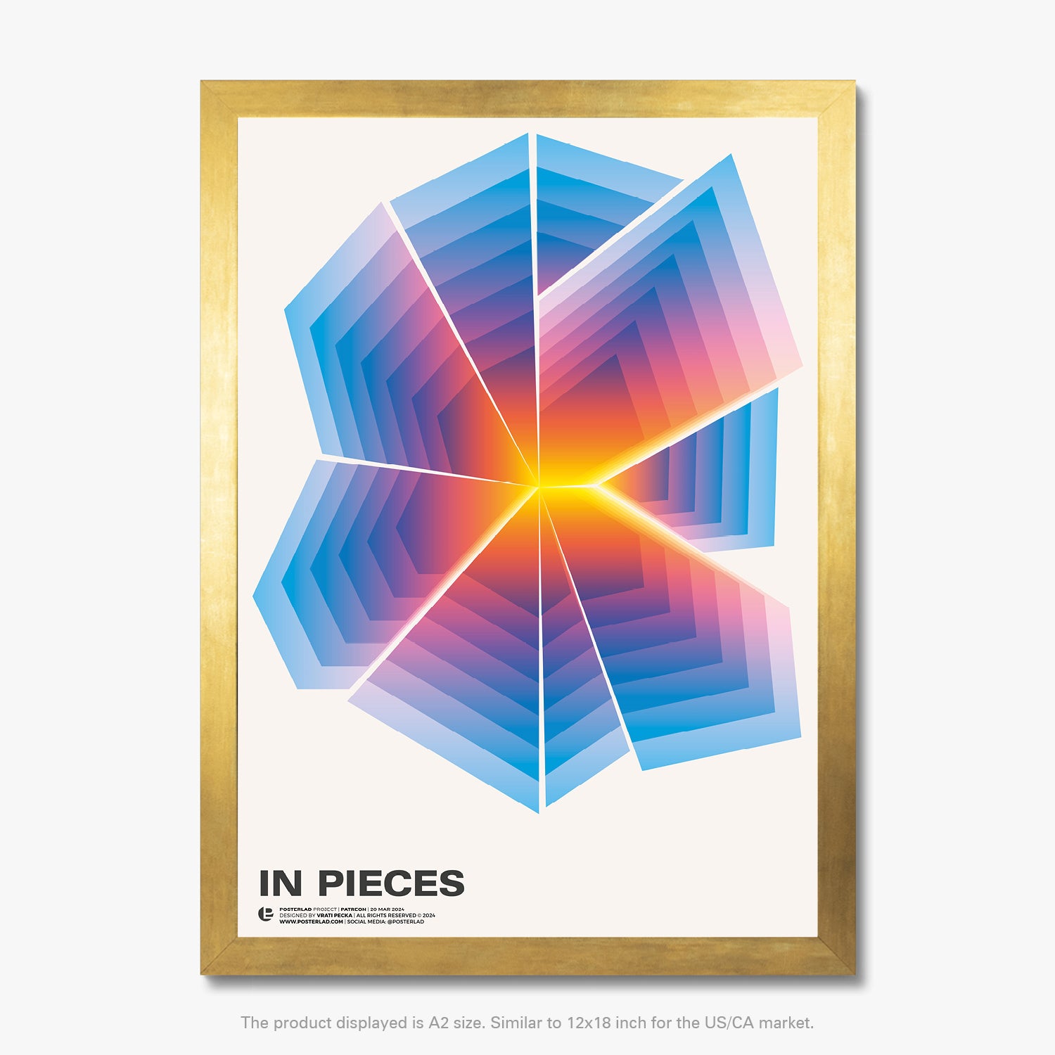 Modern, dynamic artwork with sharp, triangular segments and cool blue and purple tones