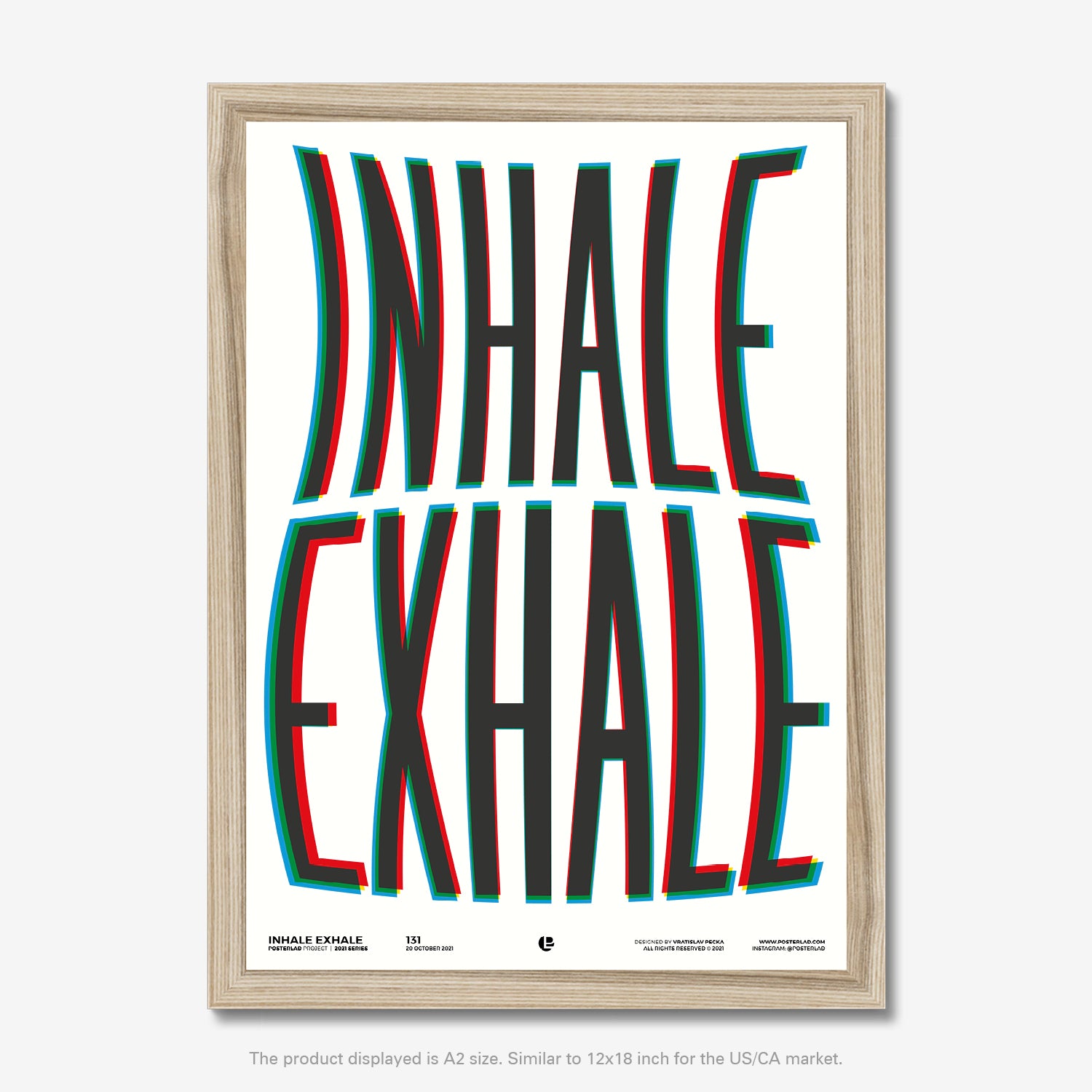 Inhale Exhale poster with bold, stretched typography in red and blue against a white background