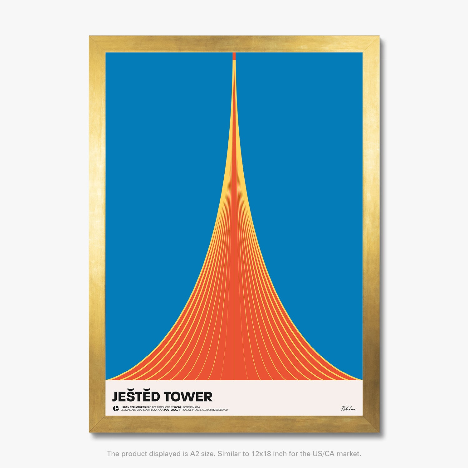 Minimalist representation of the Ještěd Tower in bold, striking triangular form against a deep blue background