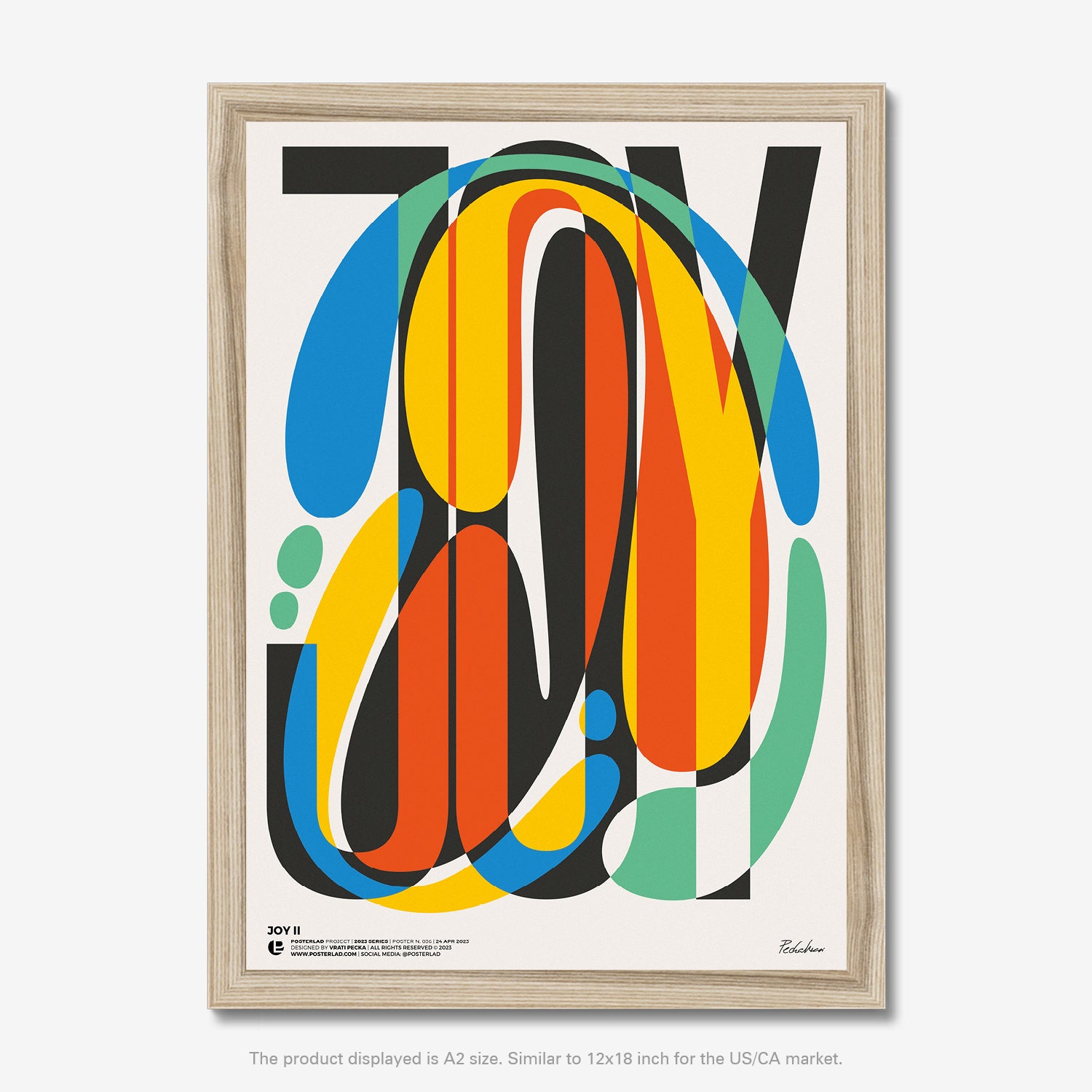 Museum-quality Joy II prints on thick matte paper, with vibrant, overlapping organic shapes in bright colors against clean, modern typography, capturing a sense of happiness and creativity