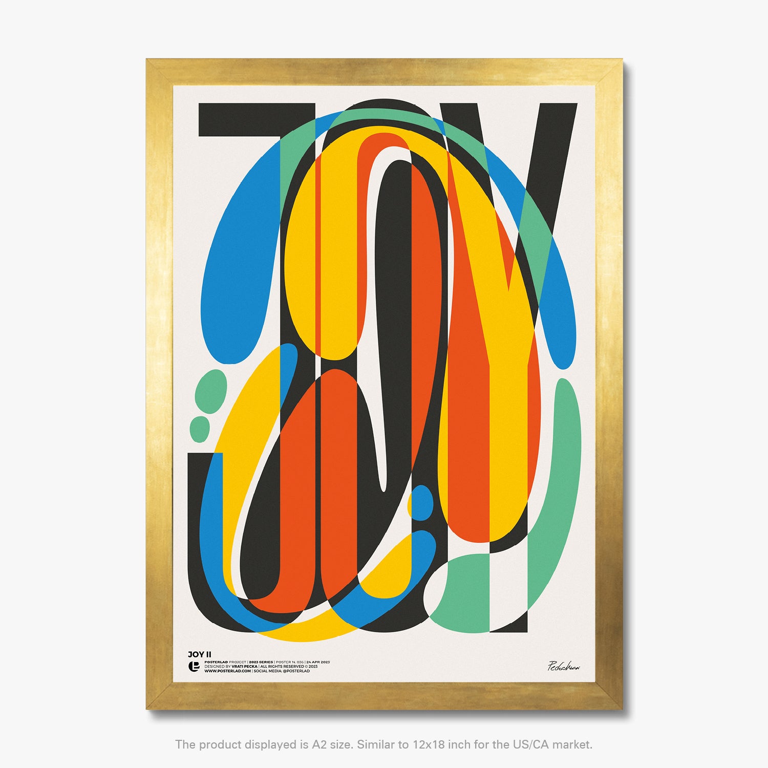 Structured and playful Joy II poster with vibrant, overlapping organic shapes in bright colors against clean, modern typography, set on a white background, capturing happiness and exuberance