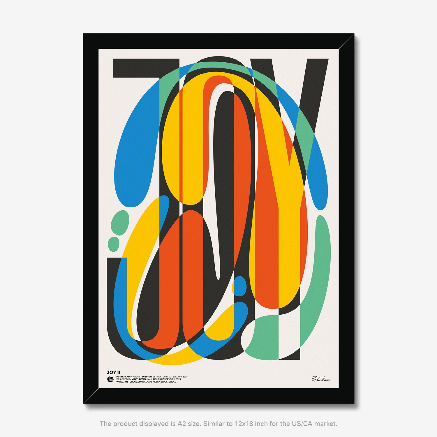 The poster titled Joy II with bold black typography and vibrant, overlapping organic shapes in bright colors, exuding energy and positivity