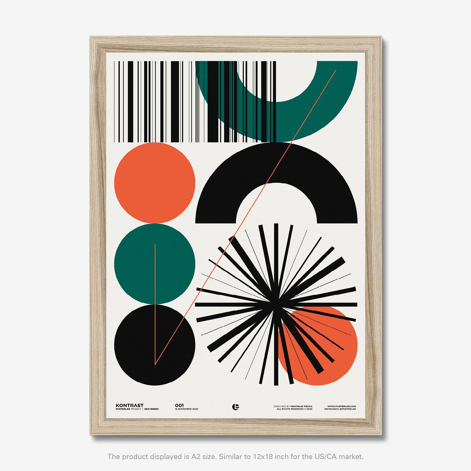 Kontrast poster with vibrant teal, orange, black, and white geometric design