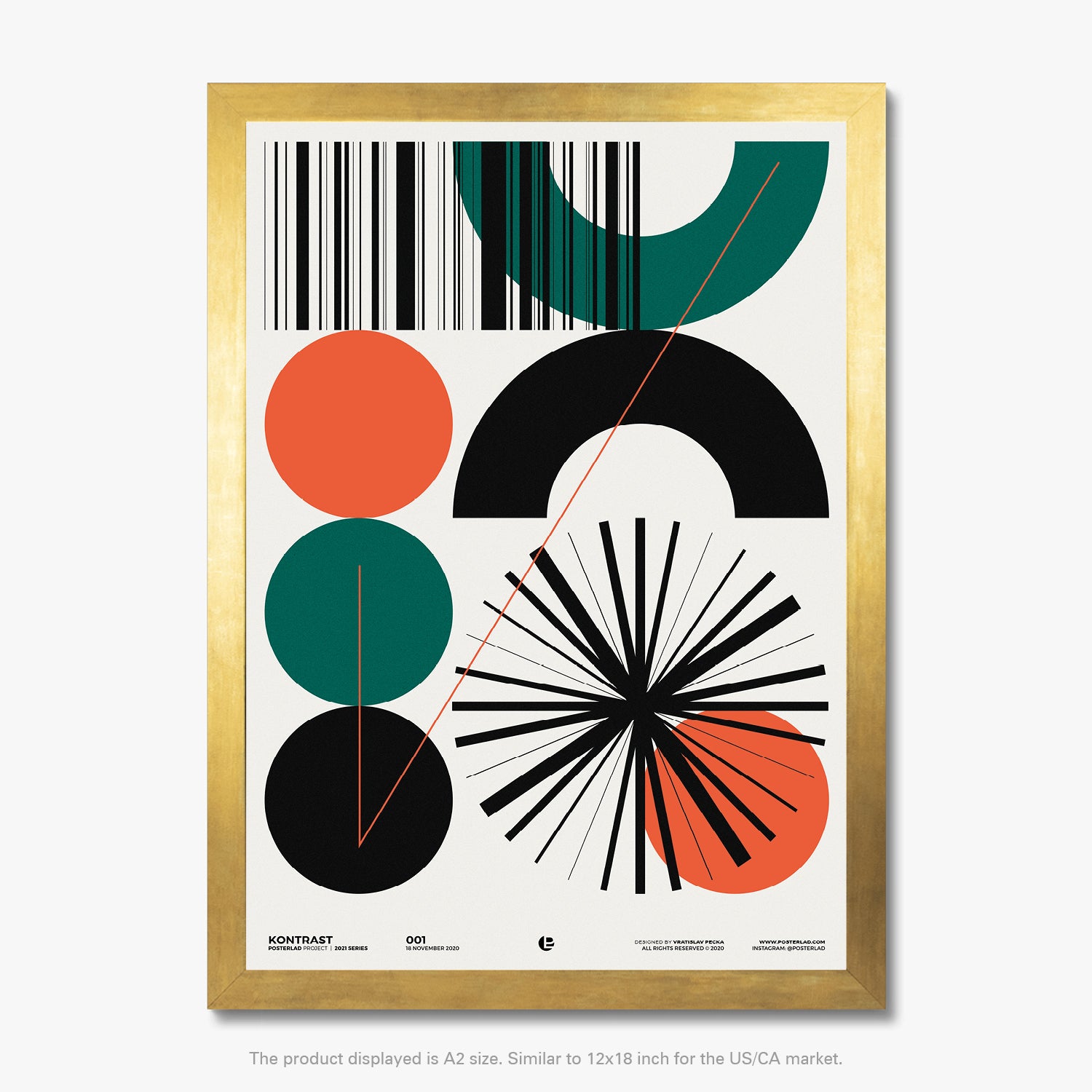 Bold exploration of shapes and contrasts with barcode-like motif and diagonal red line