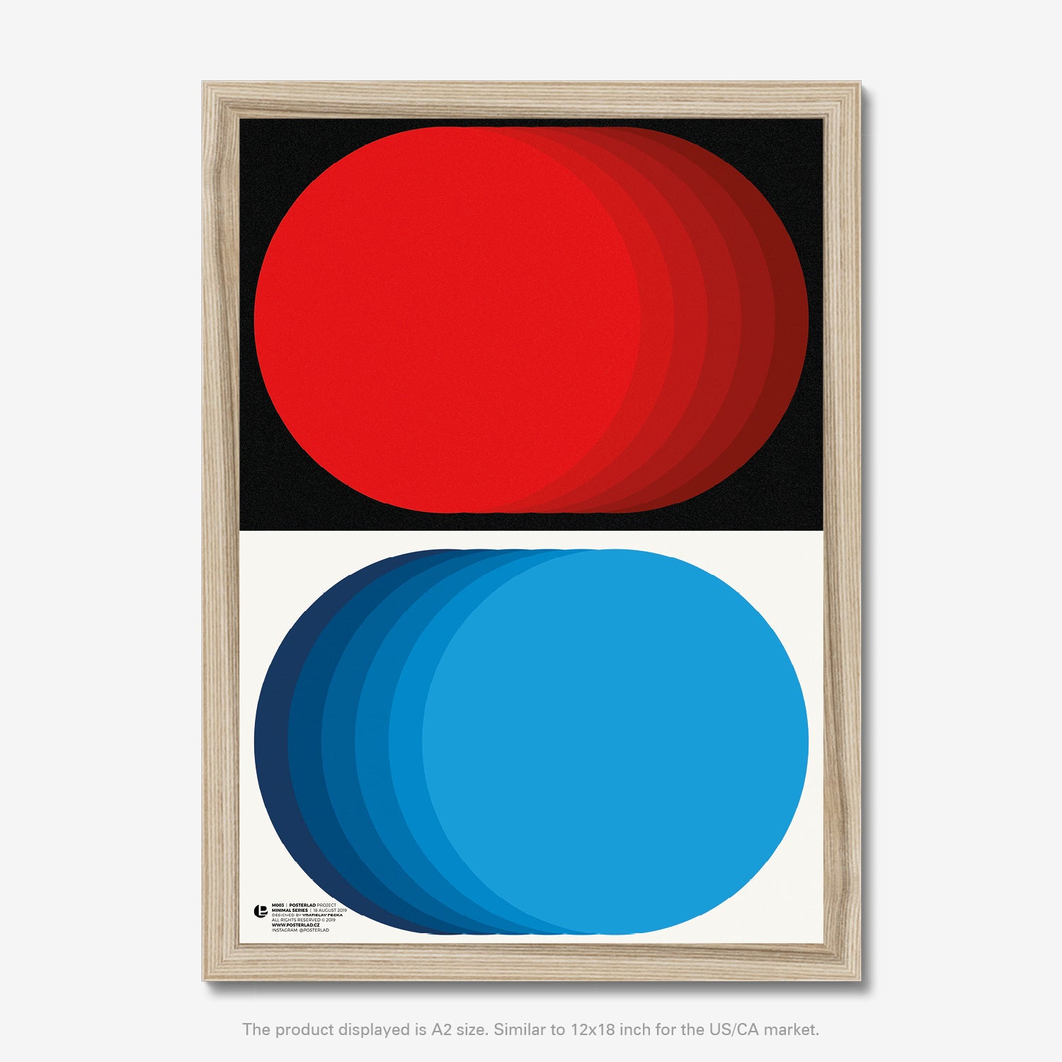 The m003 poster featuring a deep red circular form against a black background with tonal gradients, creating the illusion of depth and movement