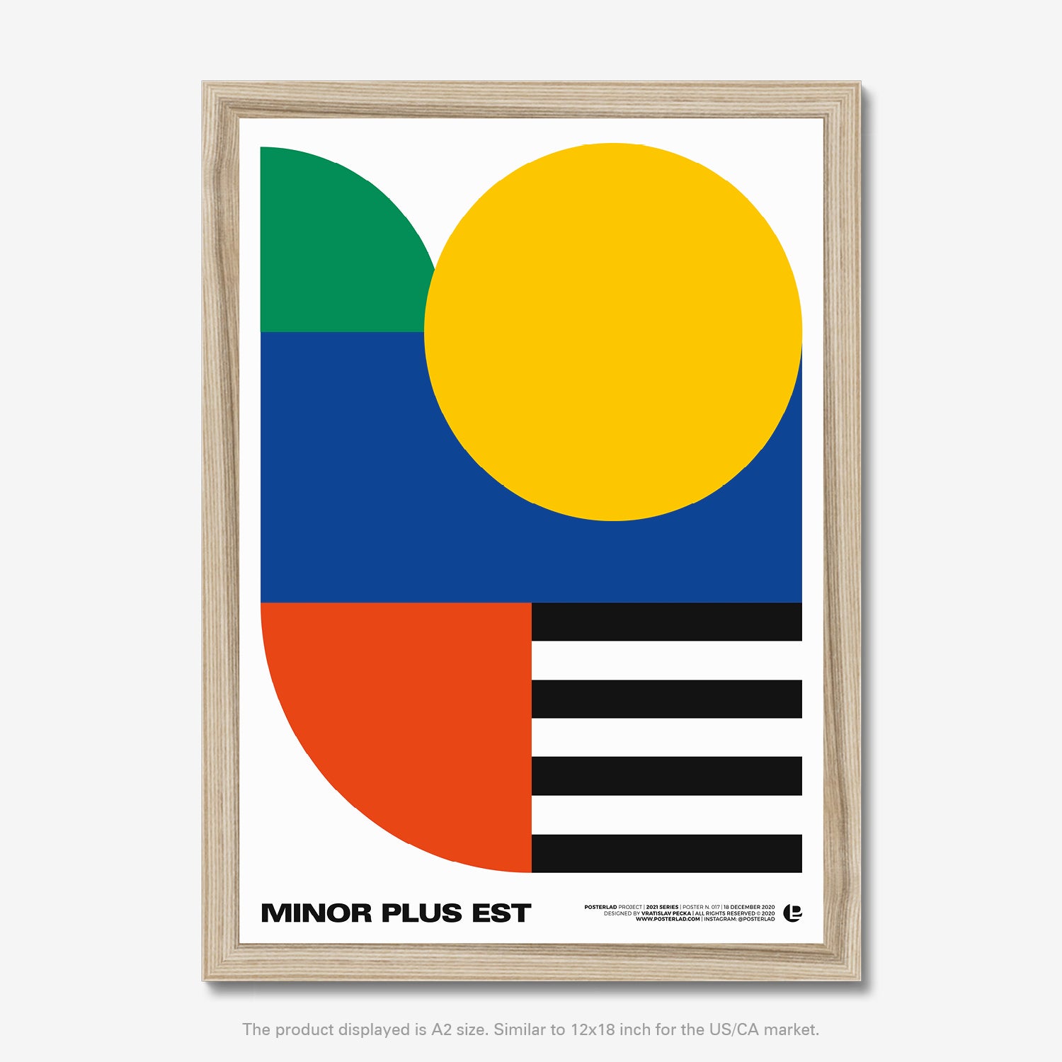 The Minor Plus Est poster features a bold and minimalistic composition with geometric forms and primary colors, creating a sense of balance and playfulness
