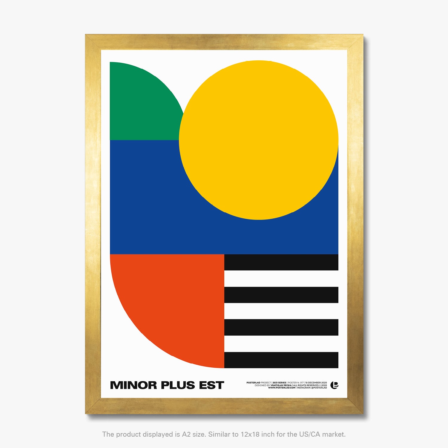 Modernist design principles are evident in the Minor Plus Est poster, with its use of simple geometry, solid blocks, and striped patterns evoking a visually striking yet soothing symmetry
