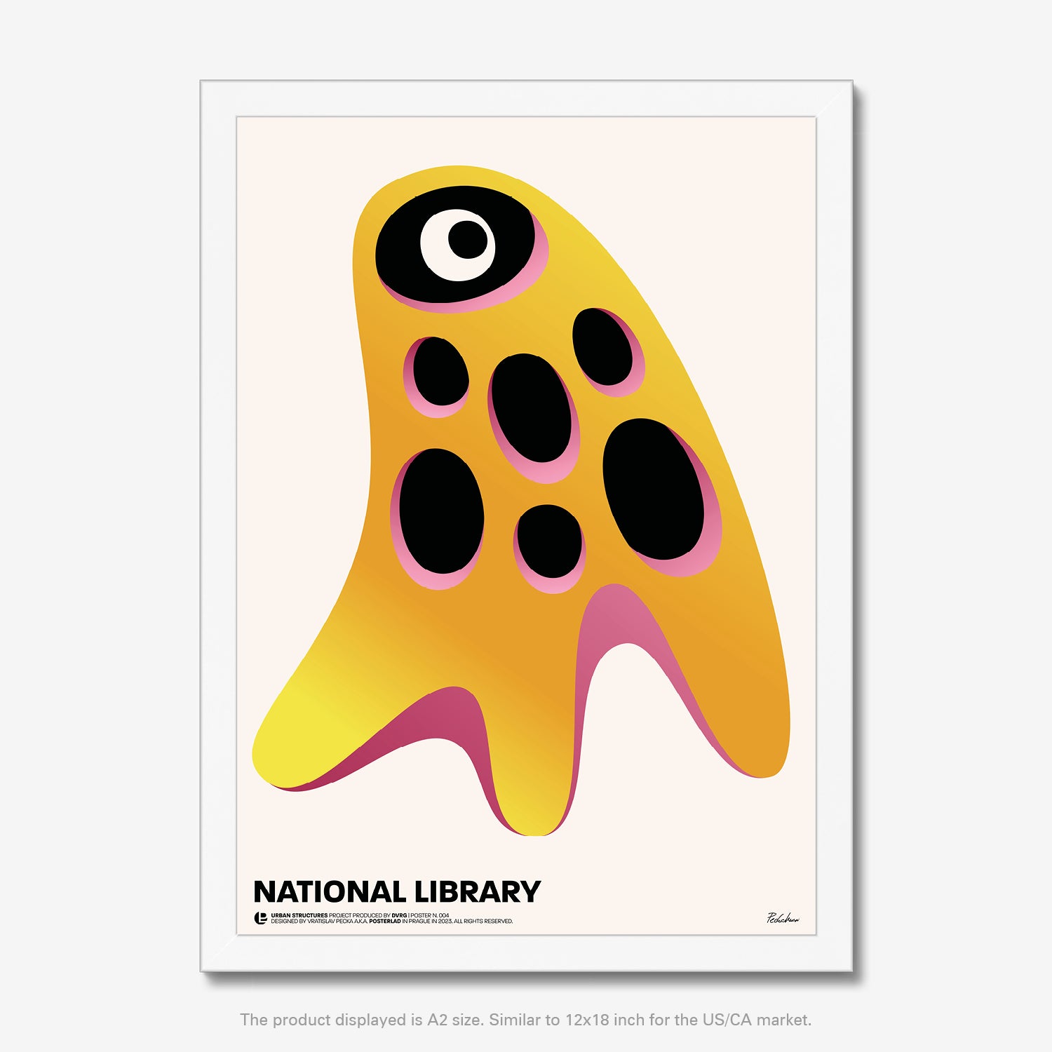 Abstract shapes and dynamic composition evoking the ambition and creativity behind Kaplický’s vision for the National Library