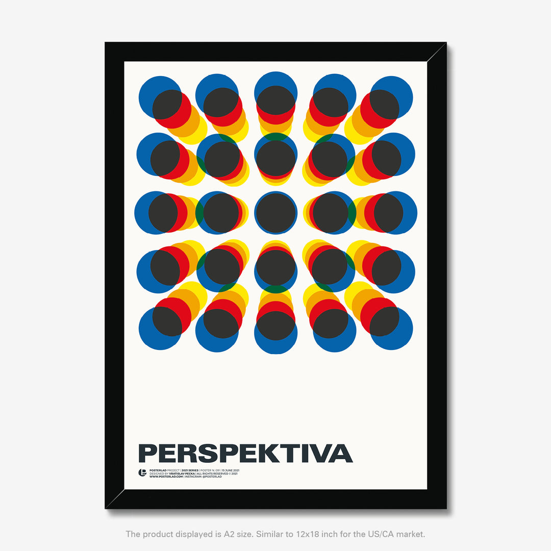 Perspektiva poster featuring symmetrical, optical illusion-inspired design with vibrant, overlapping colors