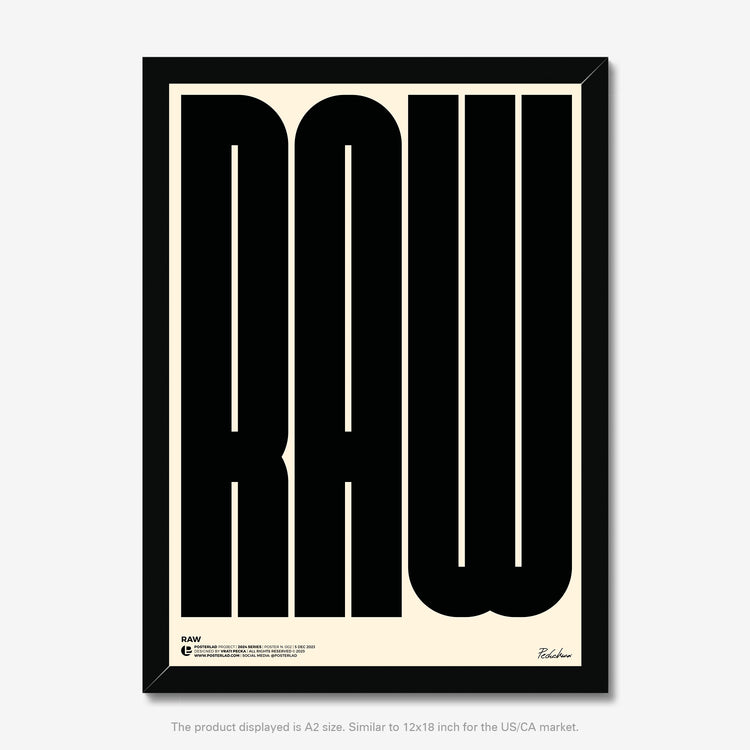 The RAW poster with bold typography, black text on cream background