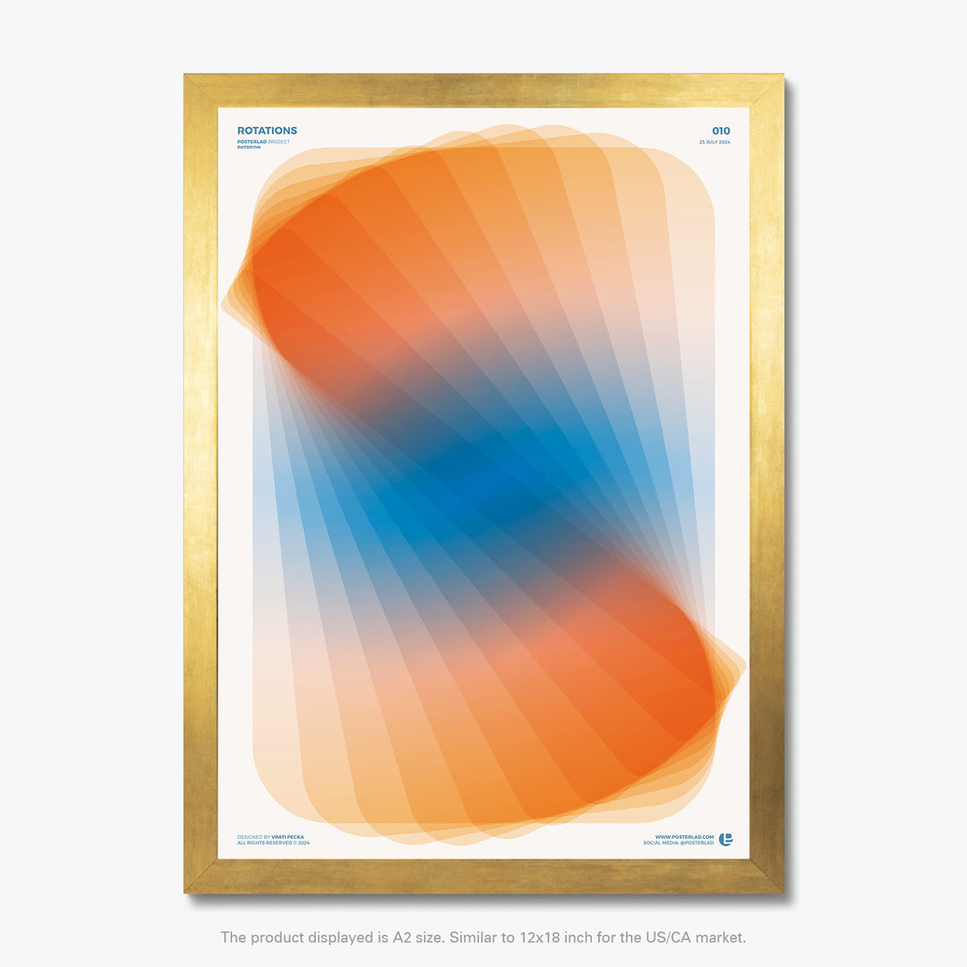 Mesmerizing abstract poster Rotations featuring overlapping translucent shapes with vibrant orange to cool blue gradients