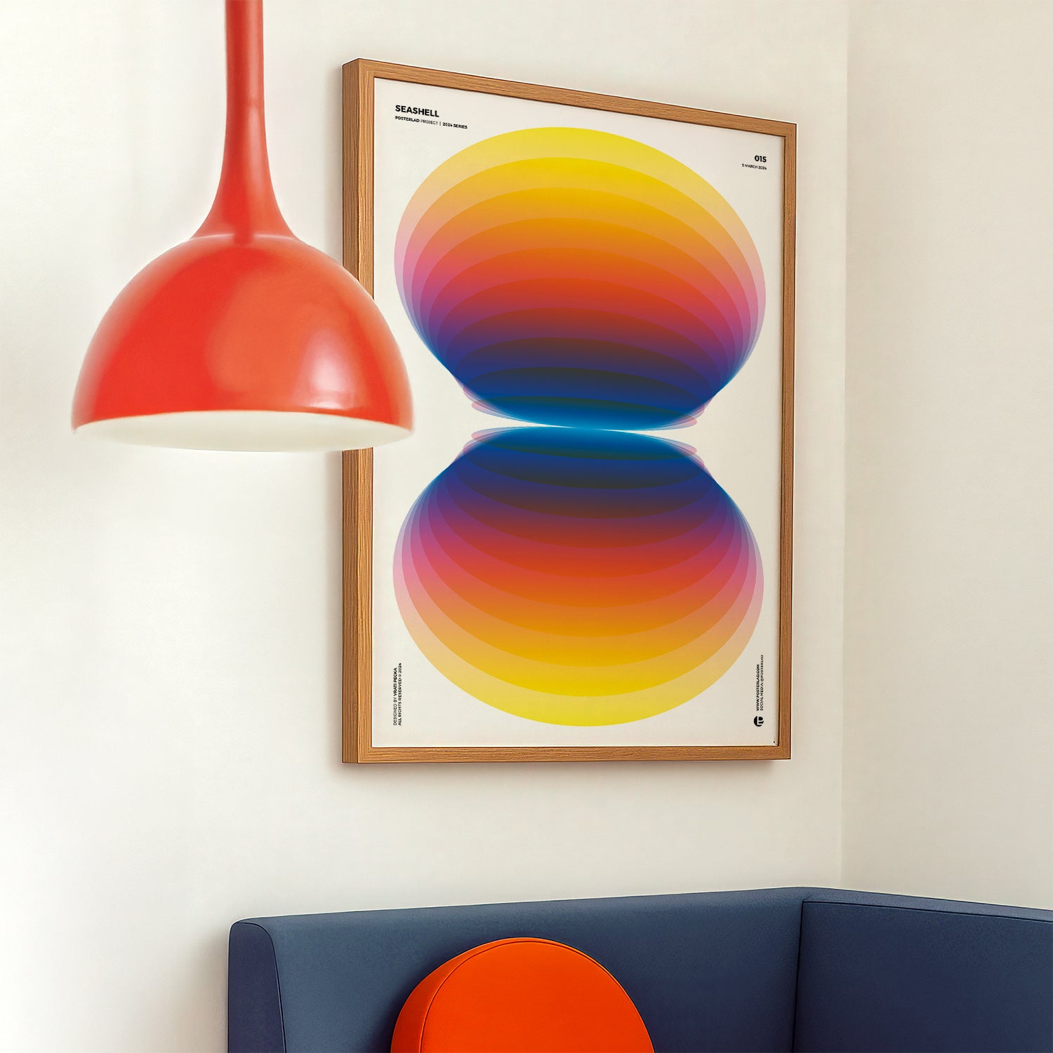 A vibrant gradient poster depicting a symmetrical, dome-shaped seashell with layered colors transitioning from warm yellows and oranges to deep blues and purples