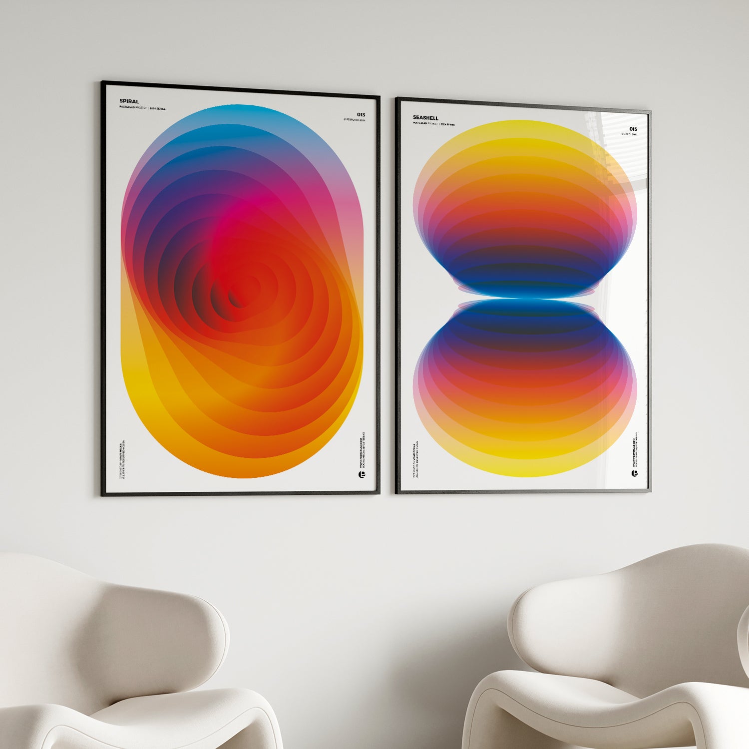 Beautiful minimalist seashell-themed artwork featuring mirrored, fluid curves with colorful gradients that evoke natural elegance and tranquility