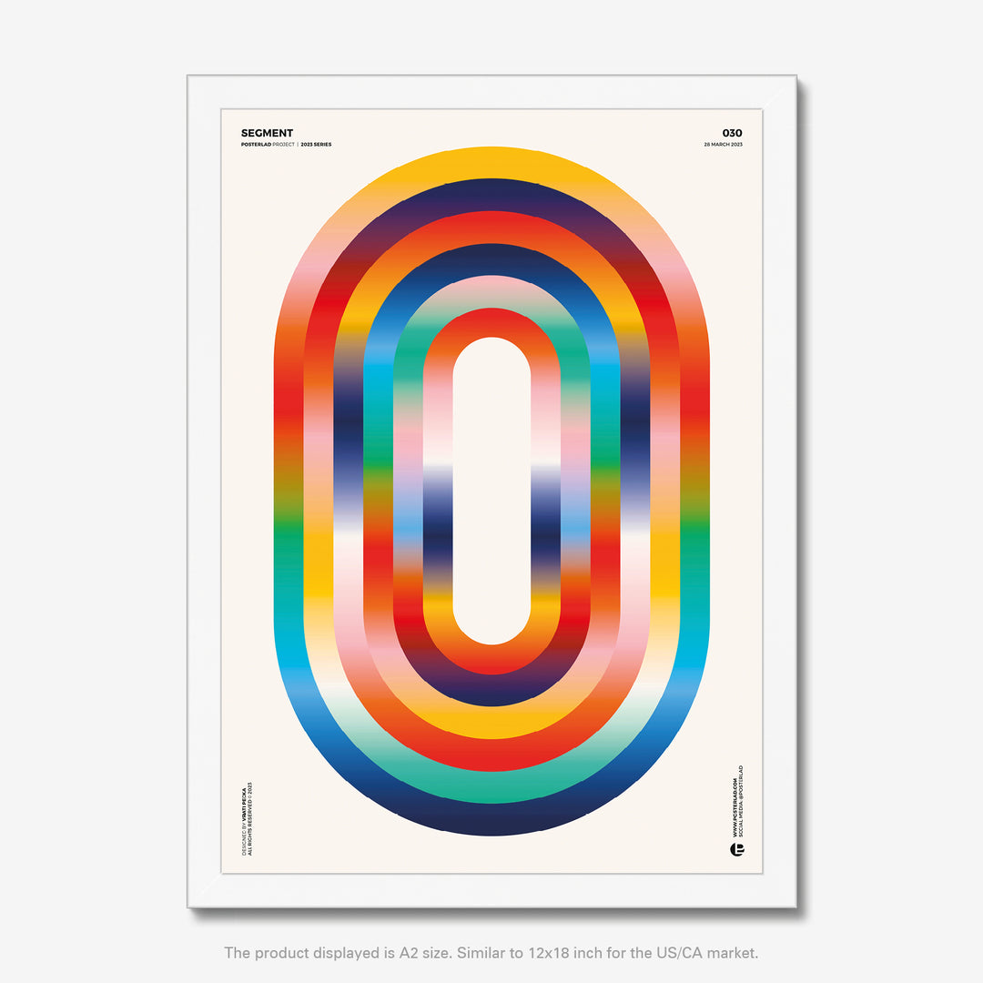 Striking oval-shaped design with vibrant reds, oranges, yellows, blues, greens, and purples