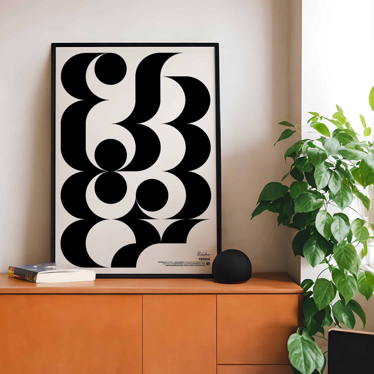 Sleek black-and-white minimalist poster featuring intertwined abstract crescent and arc shapes