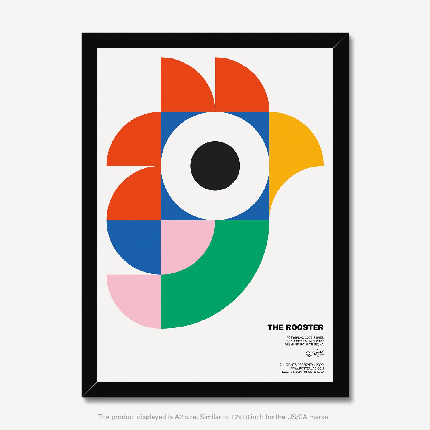 The Rooster poster featuring a bold and vibrant abstract representation of a rooster formed from colorful, angular shapes and sharp lines