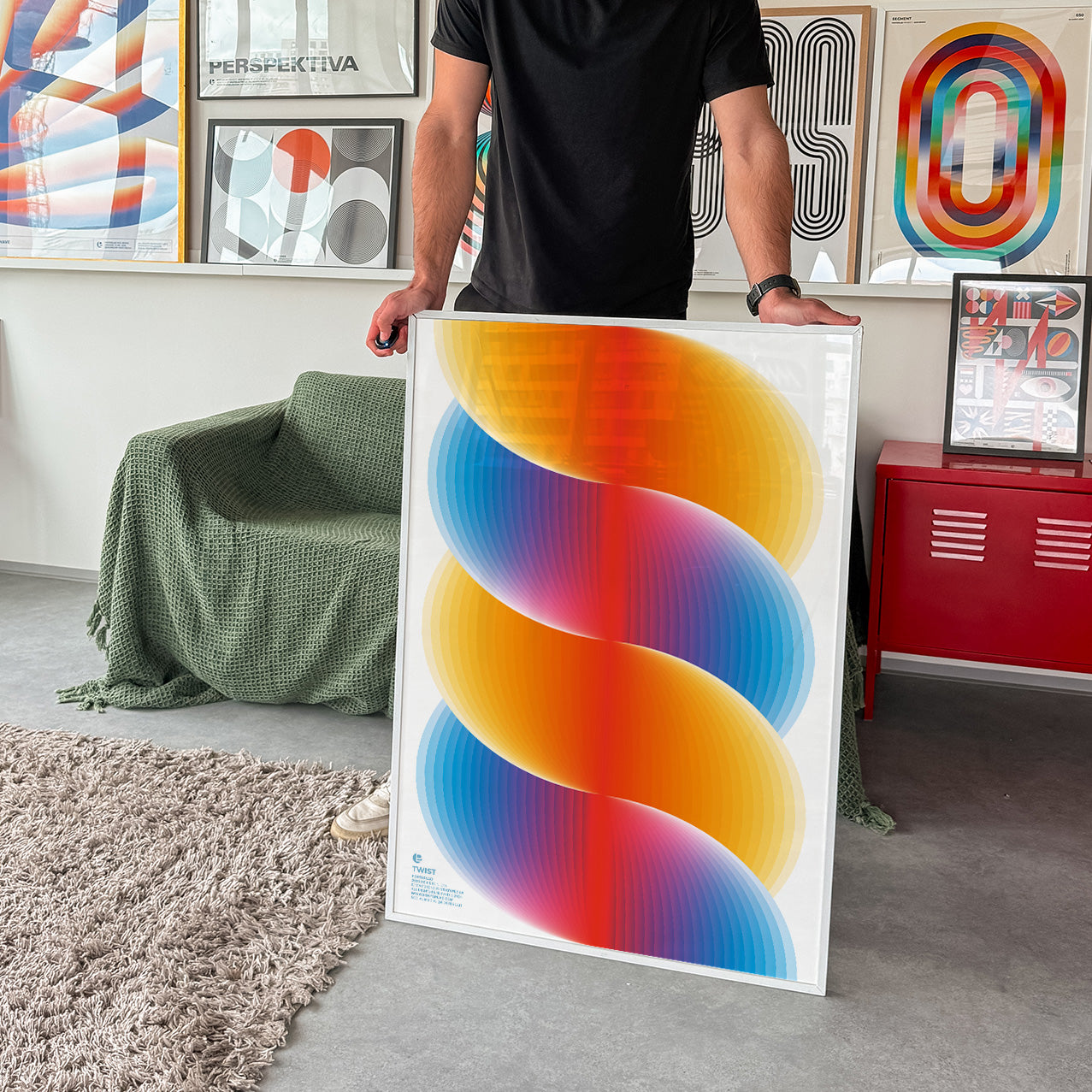 Contemporary Twist wall art showcasing energetic, colorful wave patterns in bold hues, perfect for lively spaces