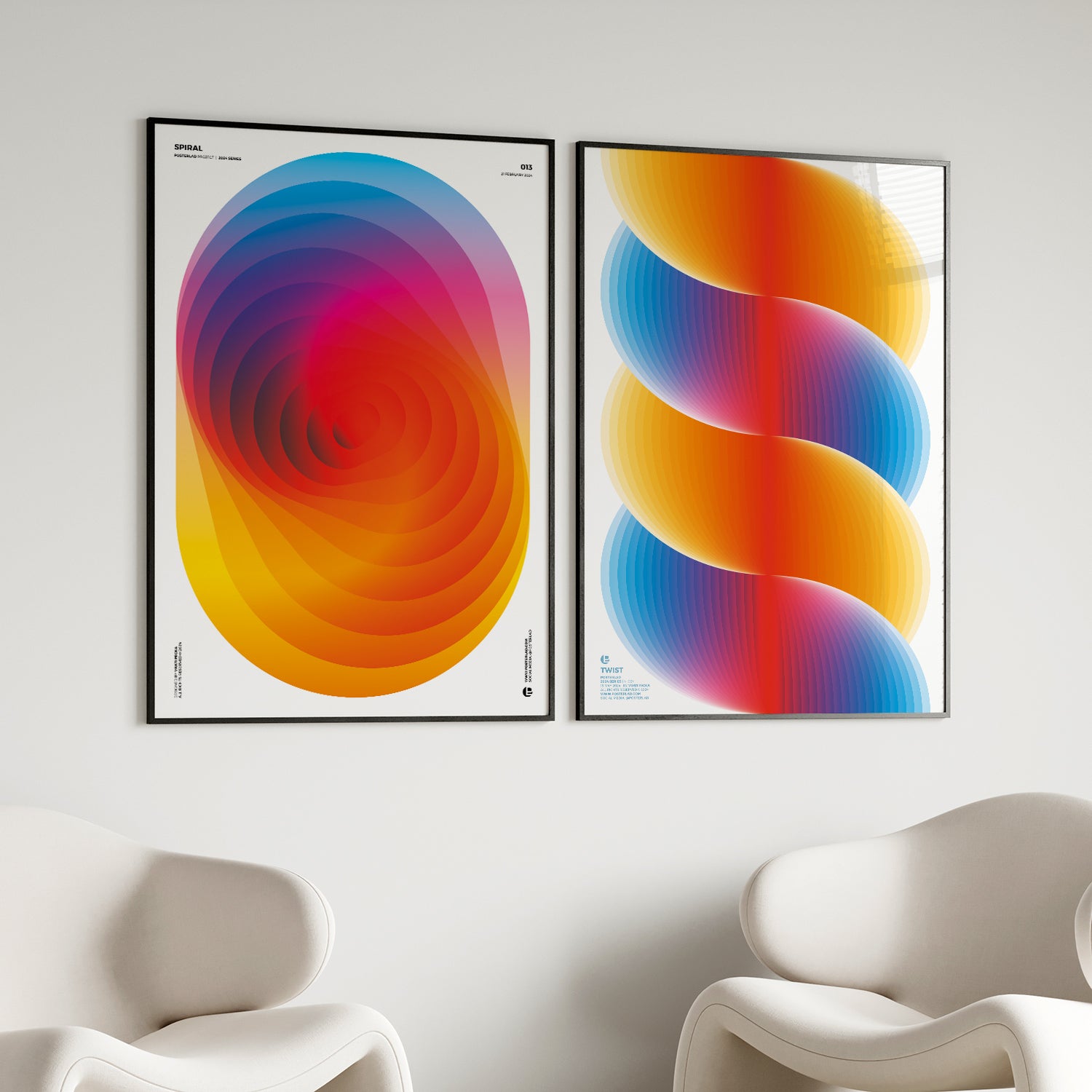 Modern Twist print with dynamic flowing color gradients and symmetrical design on matte paper
