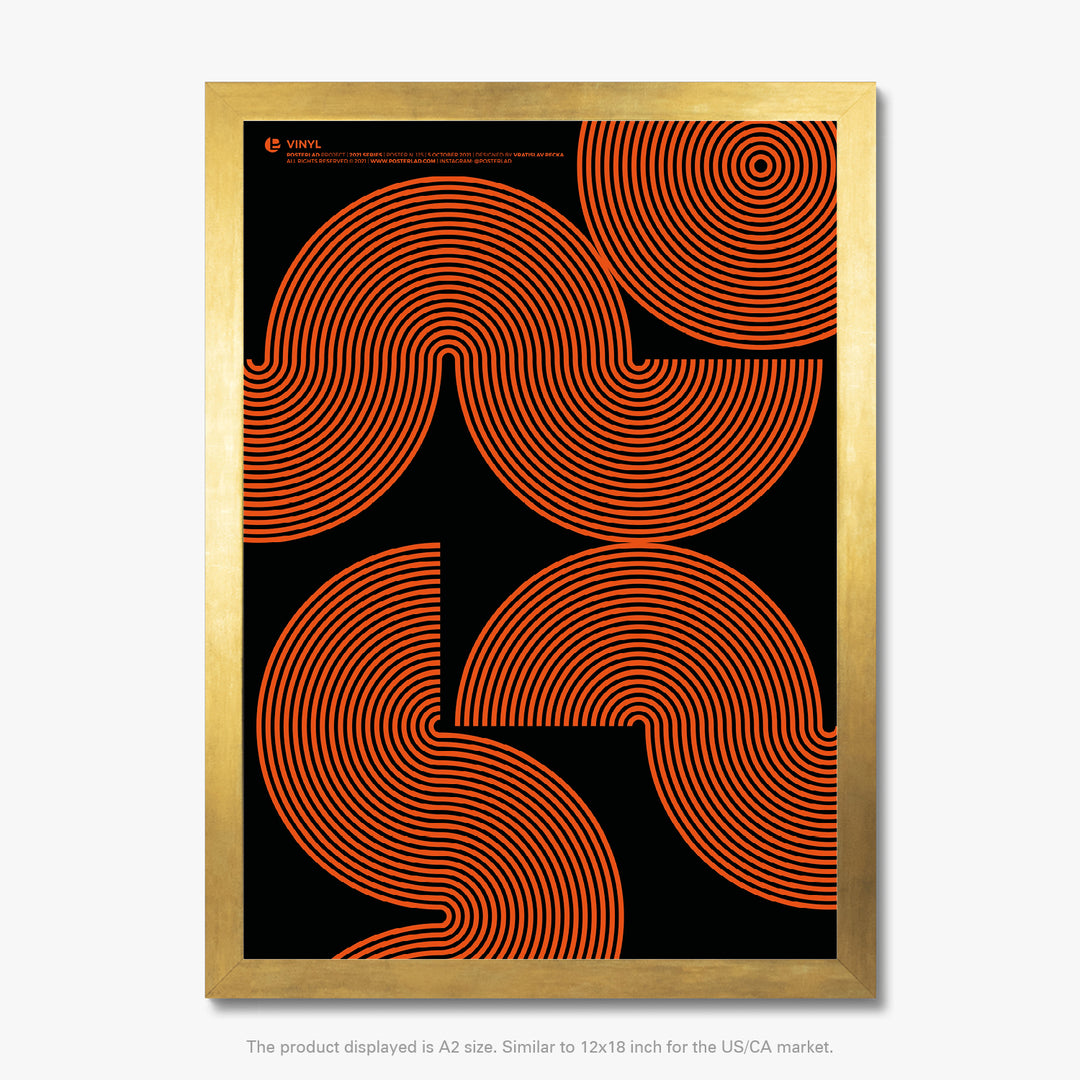 Abstract orange concentric circles resembling vinyl records on black background 